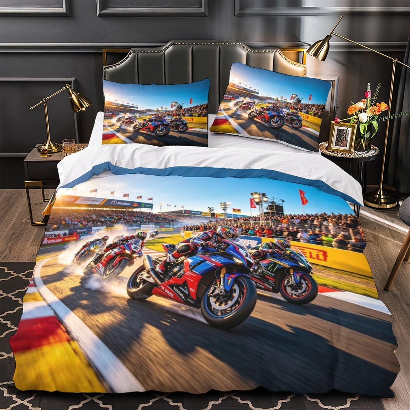 DAFUfbw Double（200x200cm） Motor Road Racing Duvet Cover With Hidden Zipper, Motorcycle Race Bedding Set with Pillowcases, Soft Microfiber Quilt Cover Set
