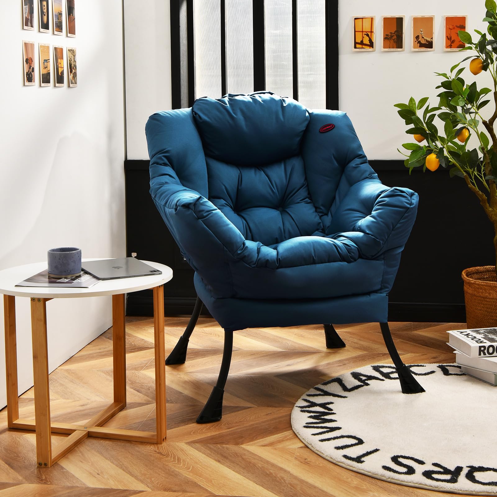 COSTWAY fotel tapicerowany, fotel relaksacyjny z podłokietnikami i boczną torebką, fotel do salonu, fotel telewizyjny, fotel klubowy do salonu, sypialni, biura (Niebieski)