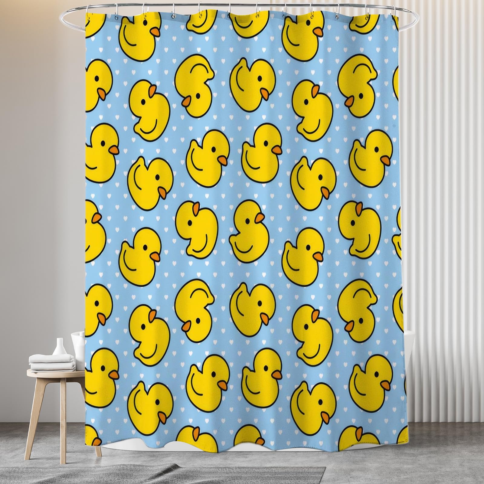 volumoon Zasłona prysznicowa 120 x 180 cm, Zasłony prysznicowe antypleśniowe z poliestru, wzór kaczki, z 12 oczkami i pierścieniami do zawieszenia zasłony prysznicowej, do domu i łazienki hotelowej