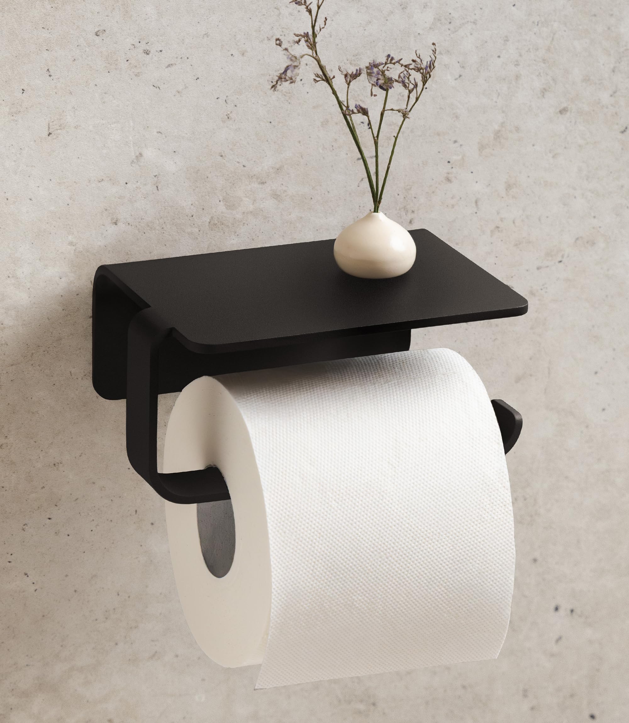 KAZAI. Toilet Paper Holder Wall Mounted Without Drilling | Stick-On Toilet Roll Holder with Shelf | Bathroom Roll Mount | WC Paper Support made of Metal | Black
