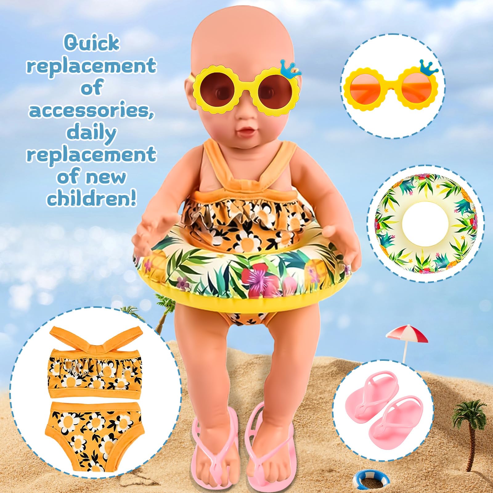 Set di Nuoto per Bambole 7 Pezzi,Estate Costume da Bagno per Bambole,Costume da Bagno per Bambole,Vestiti Bambole Reborn,Accessori per Bambole Reborn 35-45CM,Regalo per Ragazze