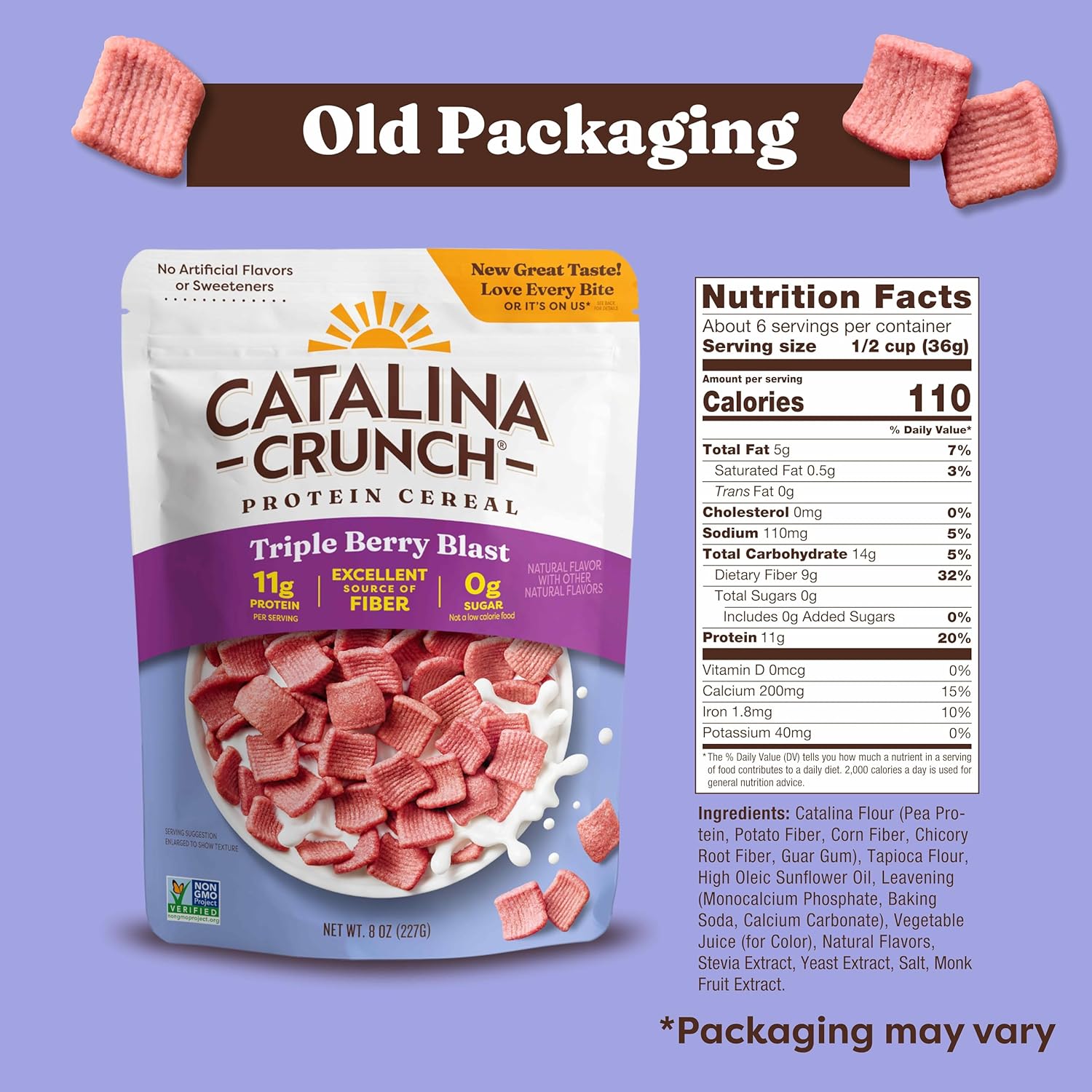 Catalina Crunch Protein Cereal - Sugar Free Breakfast Cereal with 11g of Protein - Gluten Free - Triple Berry Blast - 8 oz. Bag (Pack of 4), Packaging May Vary