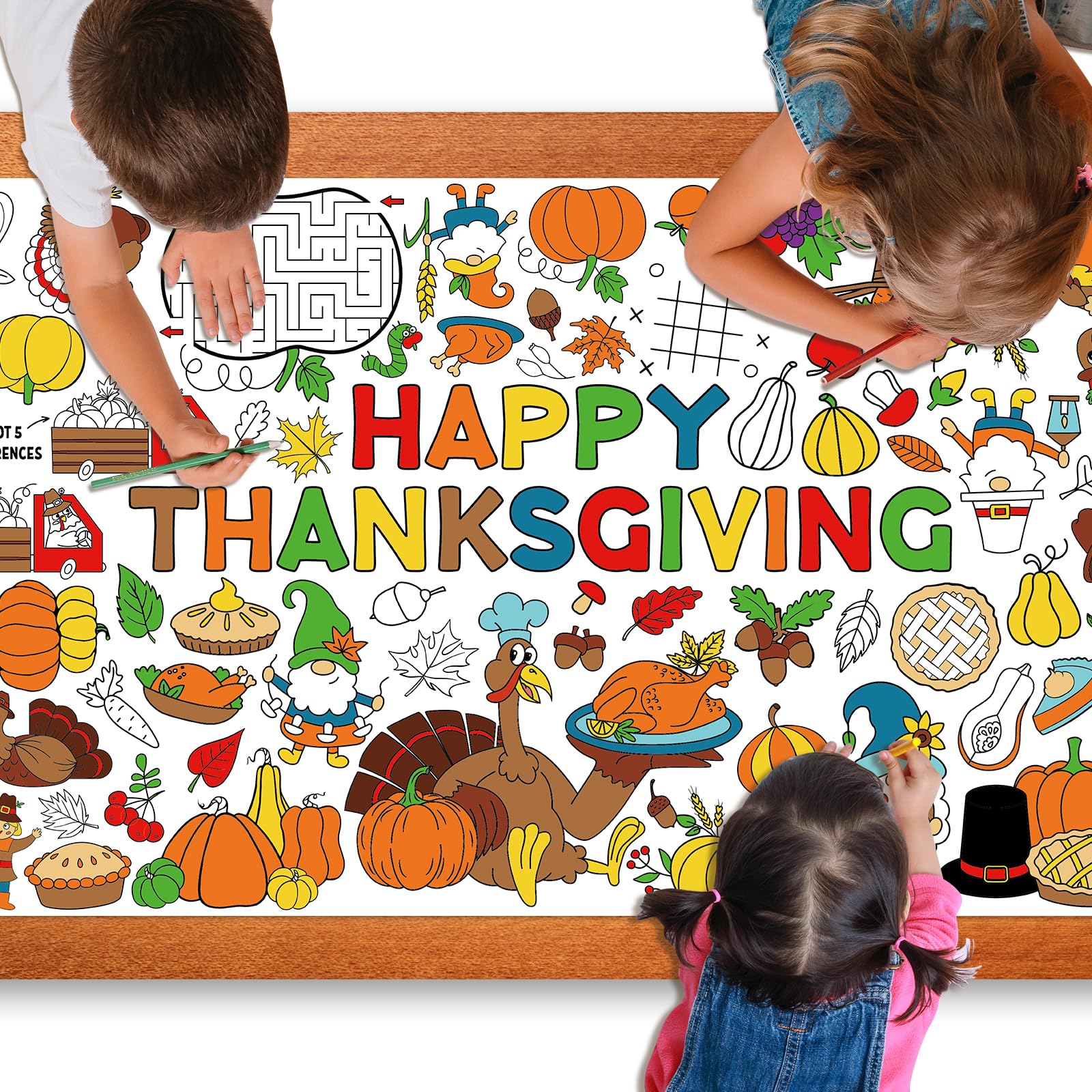 Large Thanksgiving Coloring Poster Tablecloth for Kids 30 x 72 Inch, Fall Giant Coloring Paper Table Cloth Decorations, Color-in Activities Games for Holiday Party