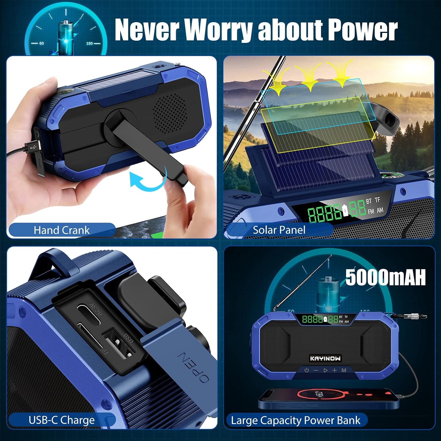 Emergency Hand Crank Solar Radio Waterproof Bluetooth Speaker,AM/FM/WB/NOAA Portable Weather Radio,5000mAh Rechargeable Battery Powered Radio with Flashlight,Reading Lamp,SOS,Outdoor Camping Gadget
