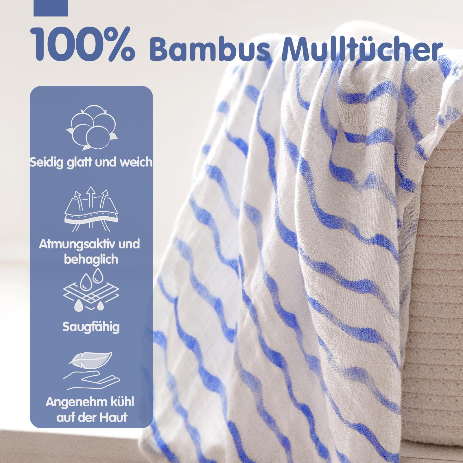 hahaland Mulltücher Baby aus 100% Bambusfaser Musselin – 3er Set (120×120 + 2×100×100 cm),Besonders Atmungsaktiv & Weich,Stilltuch, Swaddle, Spucktuch, Baby Erstausstattung Neugeborenen Geschenk Blau