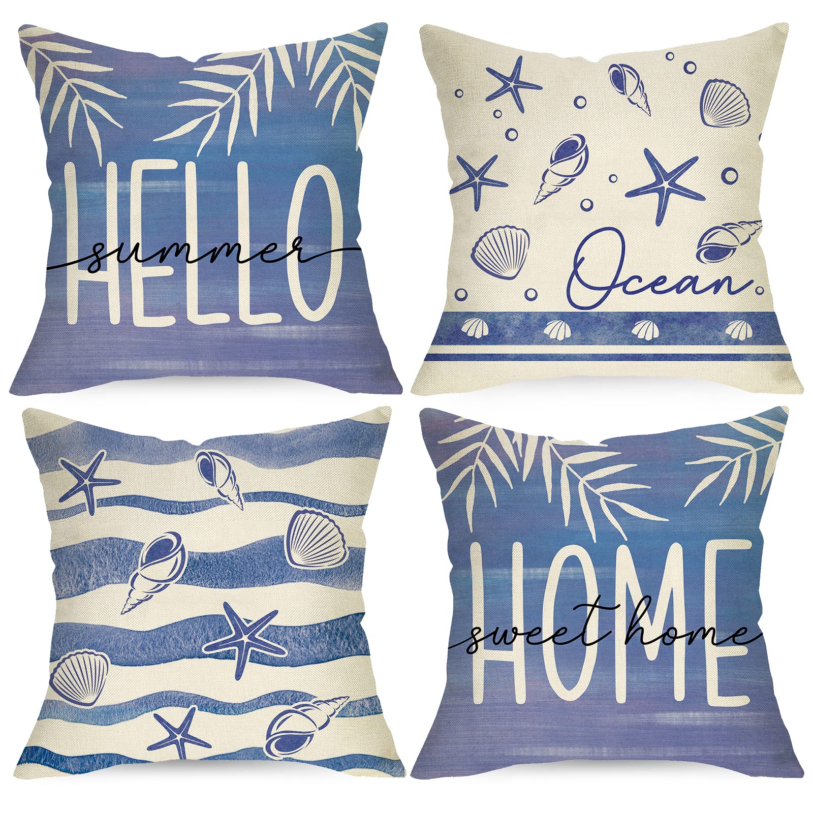 Ussap Summer Decorative Throw Pillow Covers 20 x 20 Set of 4, Sea Beach Starfish Coastal Conch Shell Ocean Cushion Case Decor, Home Sweet Home Seasonal Farmhouse Decoration for Sofa Couch