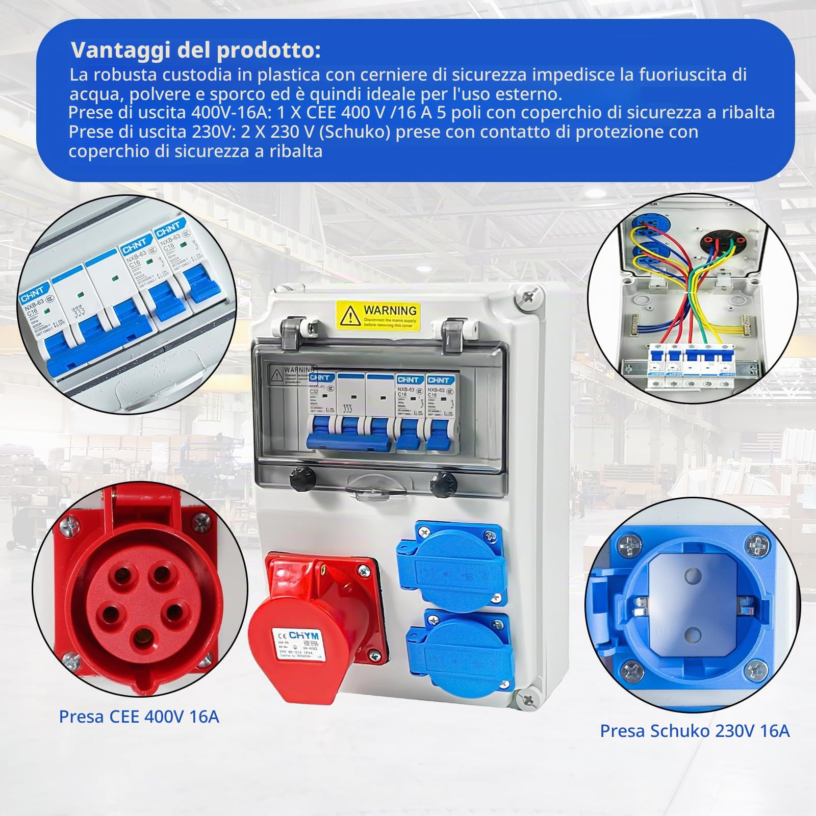 Distributore di Corrente da Paret,Distributore di Corrente da Cantiere 16 A 220 V-250 V Custodia IP54 Impermeabile Kit Completo Quadro Elettrico per Industria, Edilizia, Fabbrica