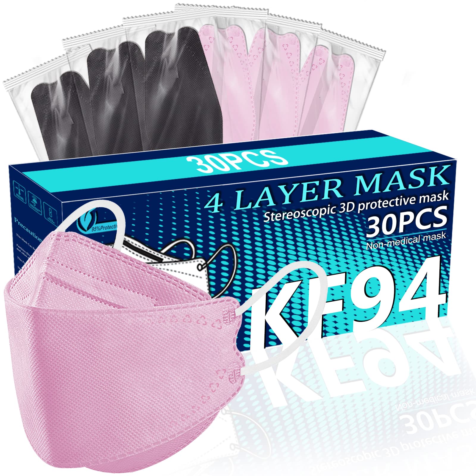 DYKL 30 PCS KF94 Mask - Individually Wrapped - 4 Ply Breathable Comfortable Safety Mask - 3D Structure for Larger Breathing Space（Black 15PCS - Pink 15PCS）