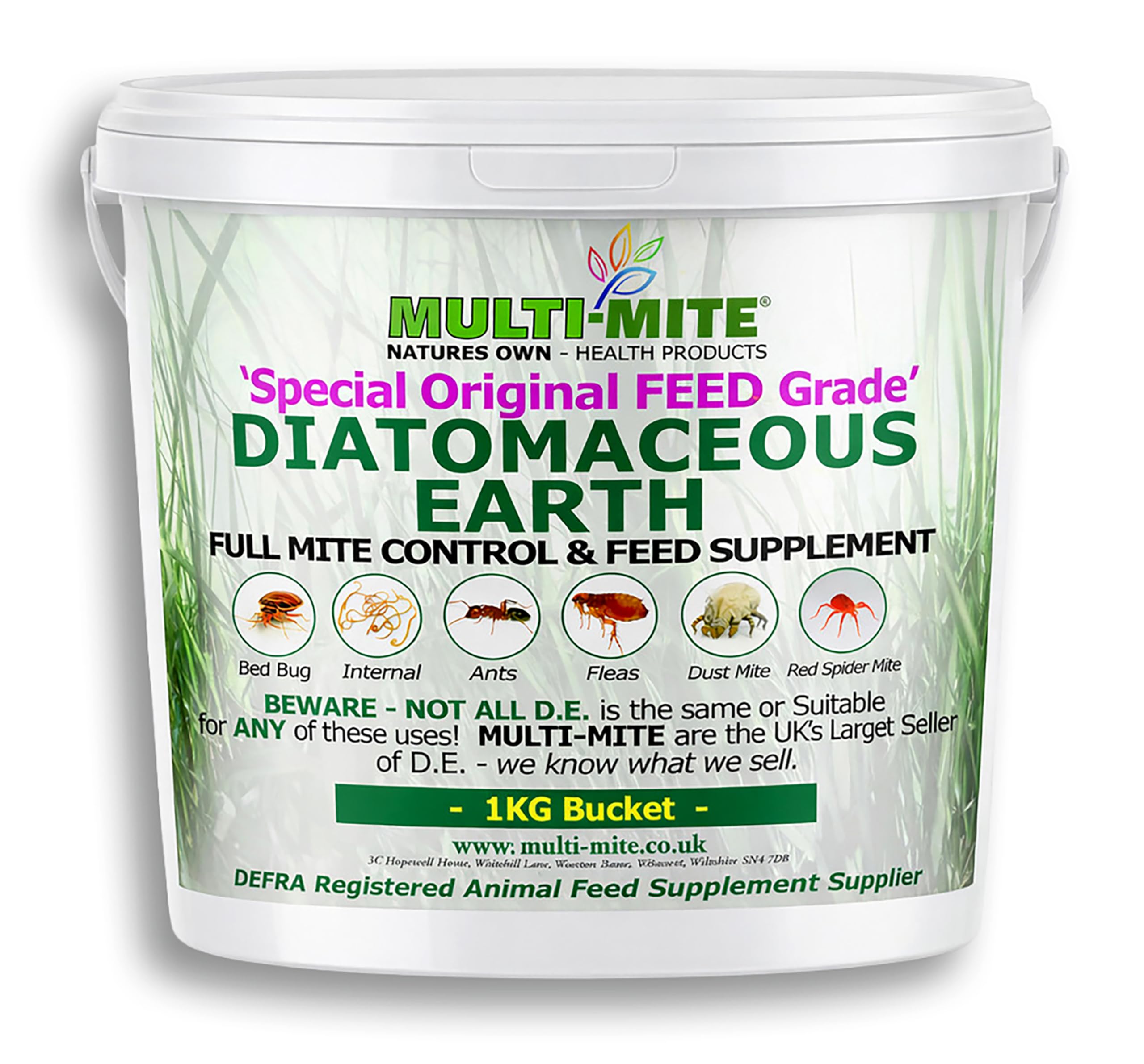 Multi-Mite 1kg Bucket Feed Grade Diatomaceous Earth - Red Mite, Fleas & All Animal Internal & Lice Control Powder - 100% Natural Insect Killer Pest Mite Treatment