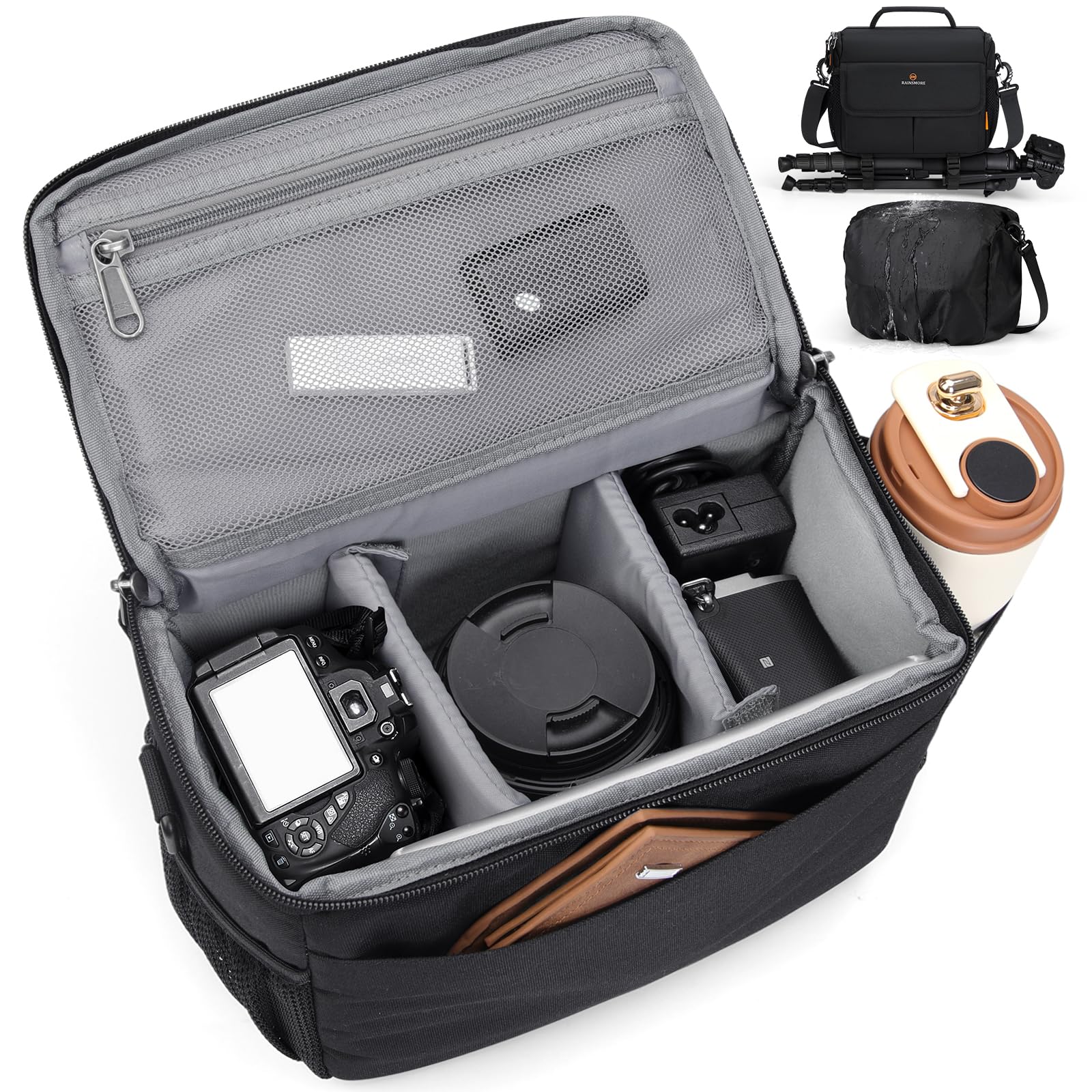 Camera Bag for DSLR SLR Mirrorless Camera,Small Camera Sling Bag for Photographers Waterproof Camera Case with Tripod Holder Compact Camera Bag Crossbody with Rain Cover Black