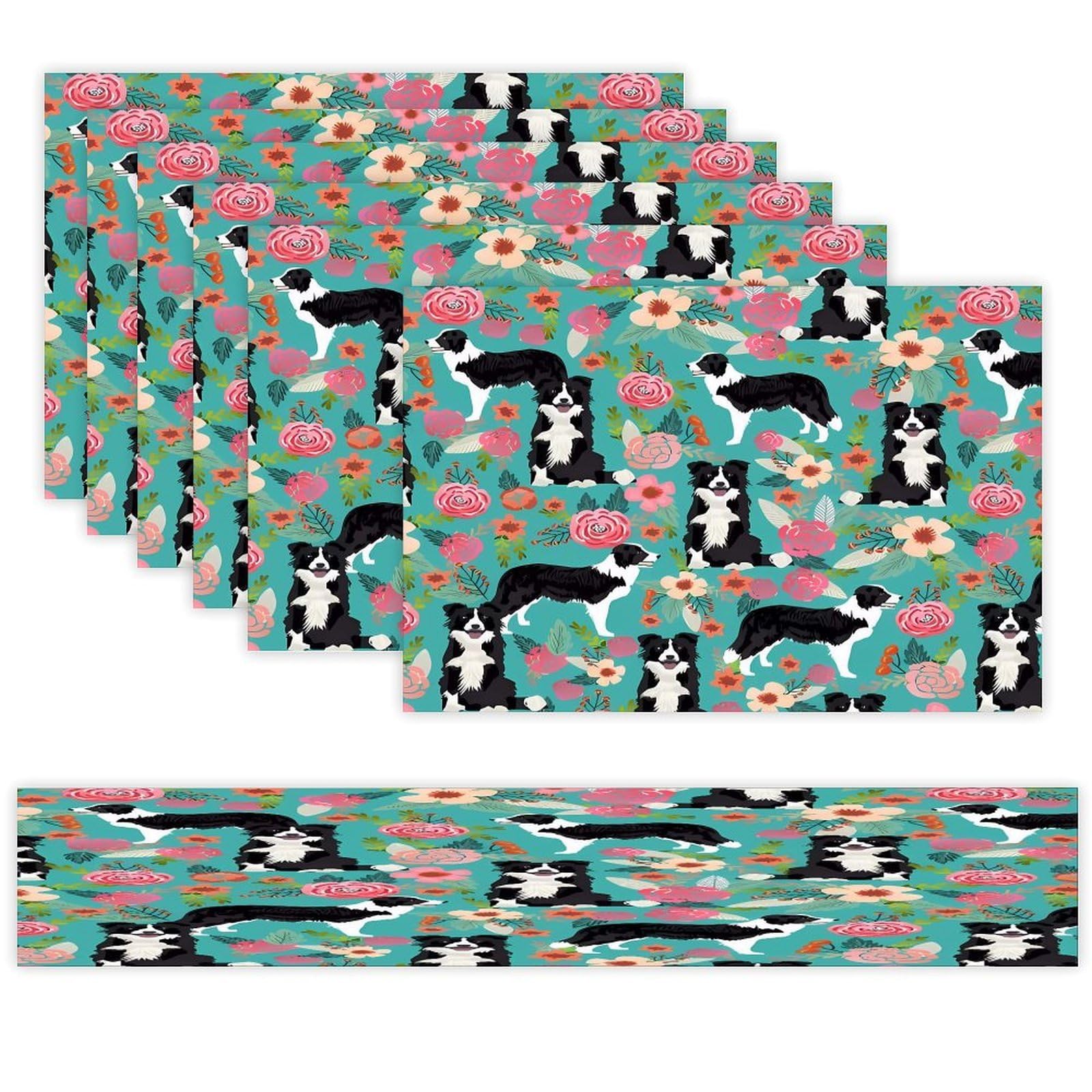 Border Collie Florals Table Runner and Placemats of 6 Washable Heat Resistant Place Mats with Table Runner Vintage Holiday Table Mat Set for Holiday Party Kitchen Dining Deco
