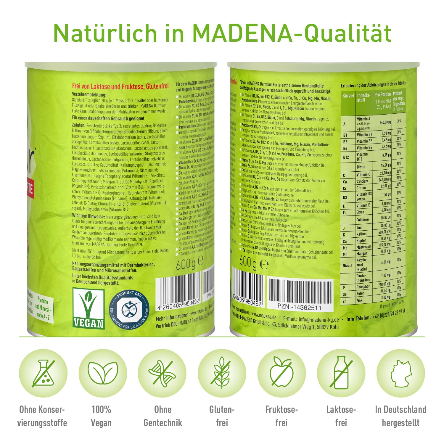 MADENA Darmkur Forte, 20 Milliarden Darmbakterien pro Portion, Ballaststoffe Resistente Stärke Typ 3, Maisdextrin, 16 Bakterienstämme, hochdosiert, Multivitamin, vegan