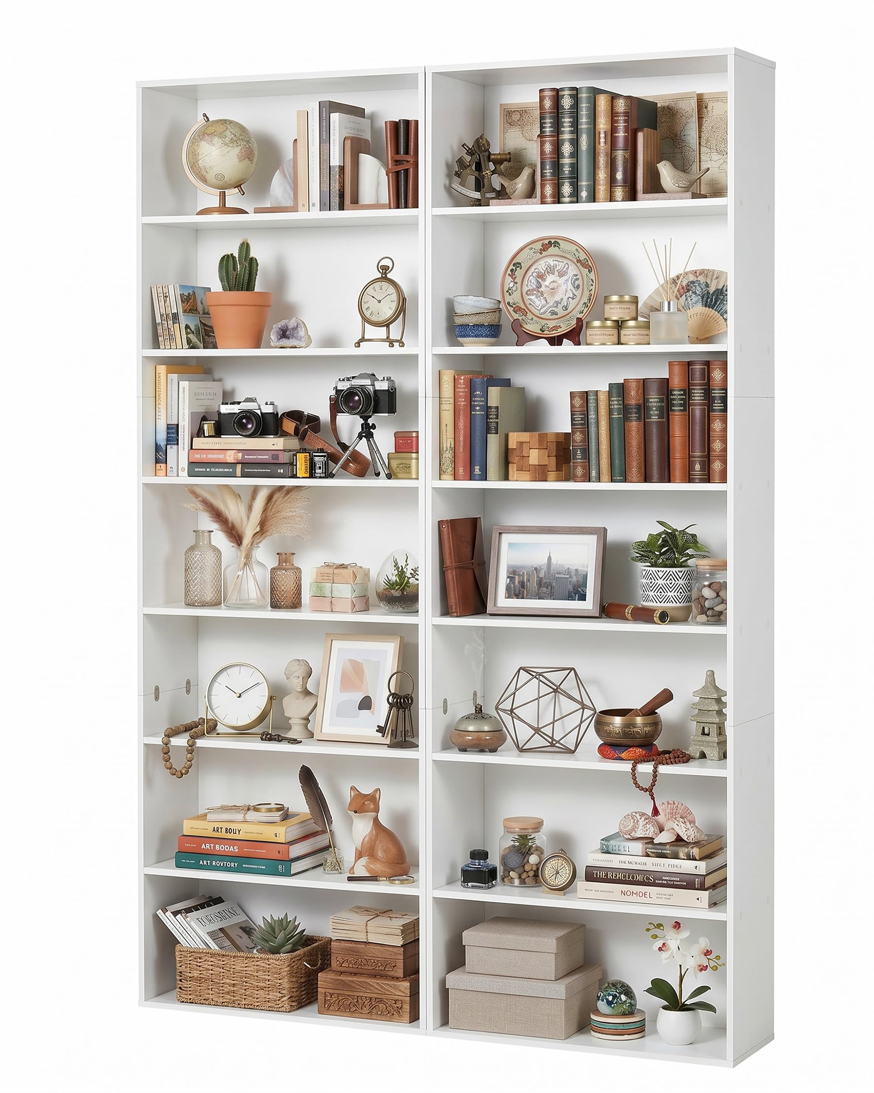 Lot de 2 Bibliotheques Hautes Blanches Etageres Rangement 7 Niveaux Meubles Salon Bibliothèques Étroites avec Rangement Livre
