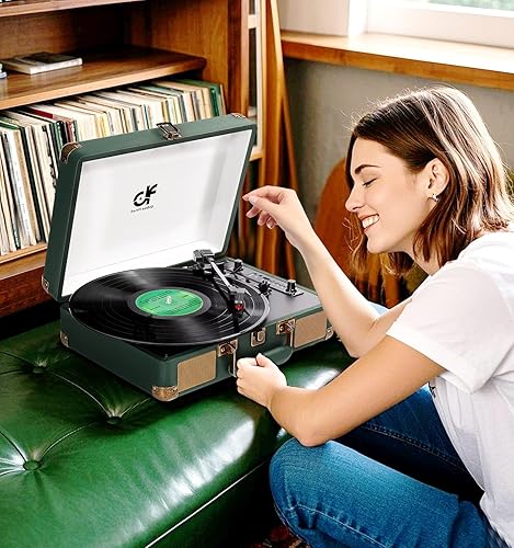 Miniatura 4 de Reproductor de discos de vinilo Bluetooth de audio verde oscuro con altavoces dobles mejorados, grabación USB, tocadiscos portátiles de maleta de 3