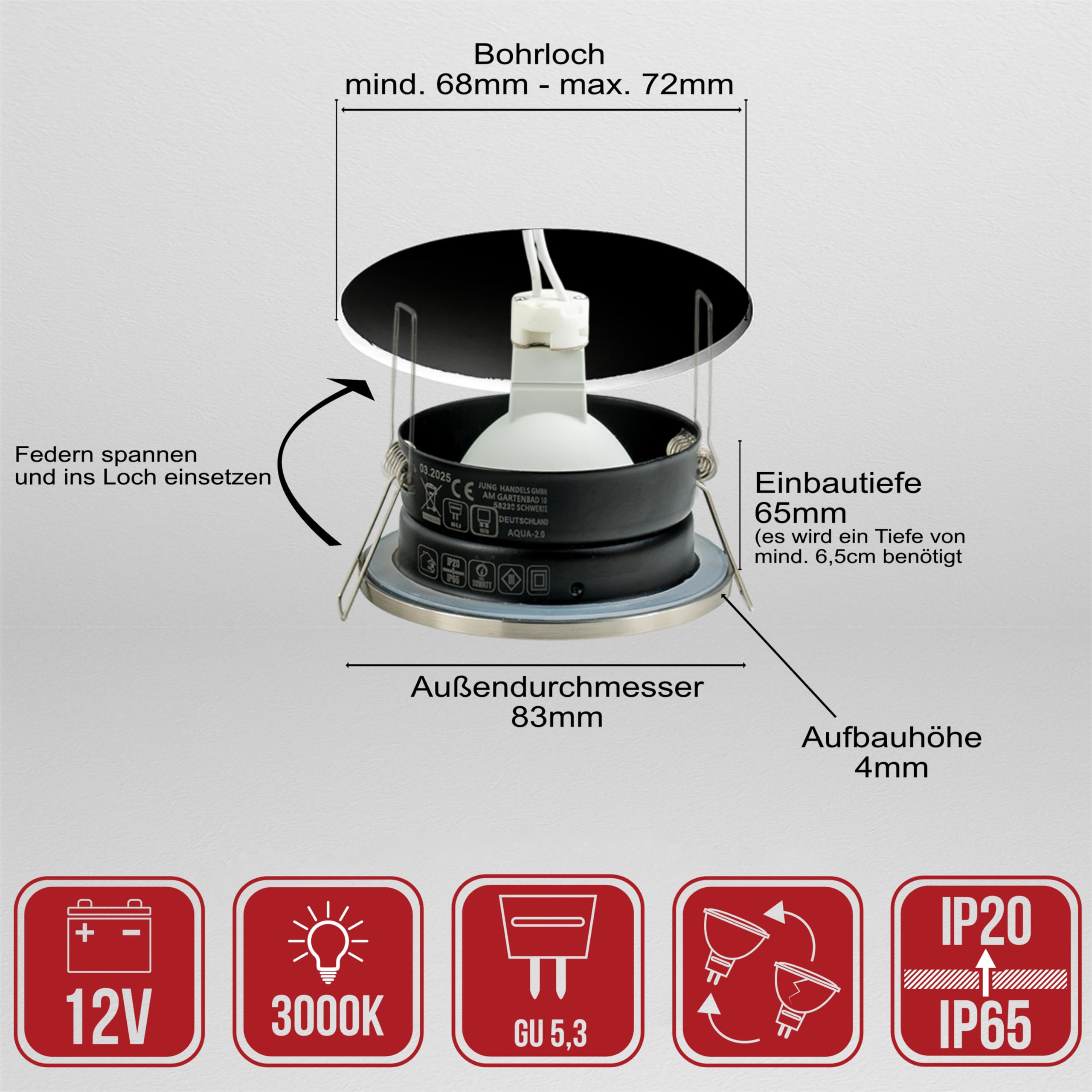 JungesLicht - Faretto da incasso IP65 da 12 V con trasformatore, 3 lampadine LED da 4 W – intercambiabili, foro 68 – 72 mm, esterno 83 mm, profondità 65 mm, set completo, lampada da incasso per bagno
