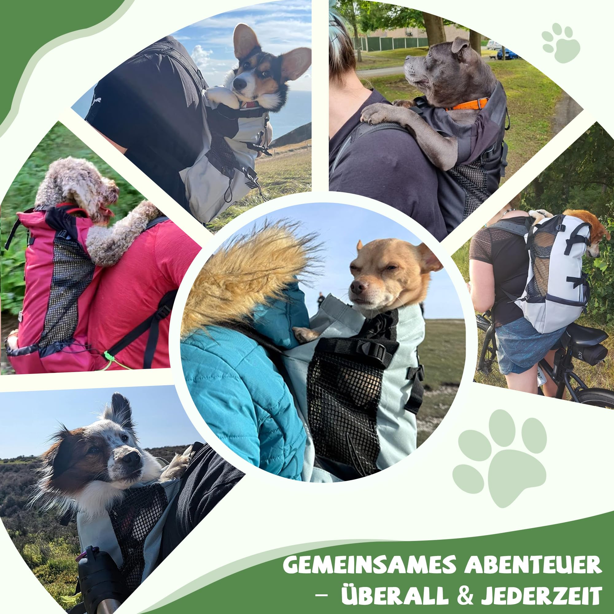 ALLSOPETS Hunderucksack Tragetasche Verstellbar für Kleine Mittelgroße Hunde, Haustier Rucksack zum Spaziergang Wandern Camping Bergsteigen Reisen (Salbeigrau, L)