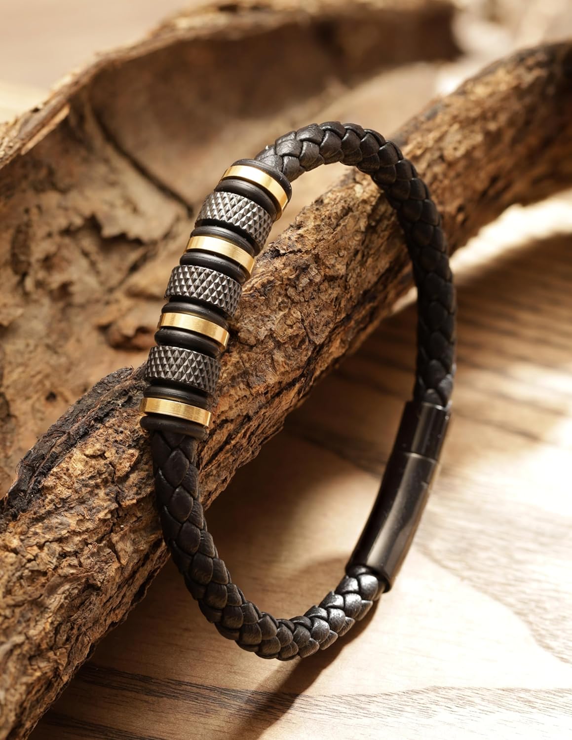 HAQUIL Braided Leather Men’s Black Gold Plated Steel Bracelet with Stainless Steel Charm | Ideal Father's Day Gift for Him - Image 3