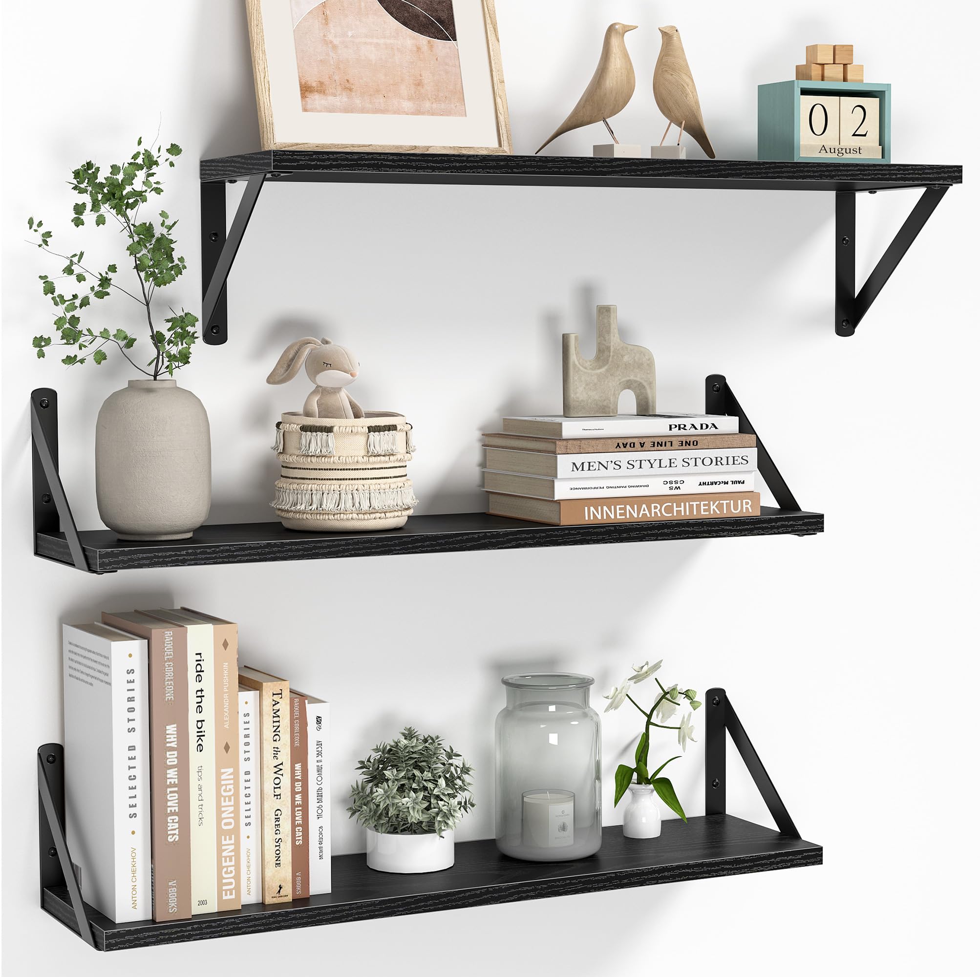 Heimlove Floating Shelves Set of 3, 60cm Black Wall Shelves with Metal Brackets, Book Shelf 15cm Deep for Living Room, Bedroom, Kitchen, Bathroom, Home Office & Book Storage