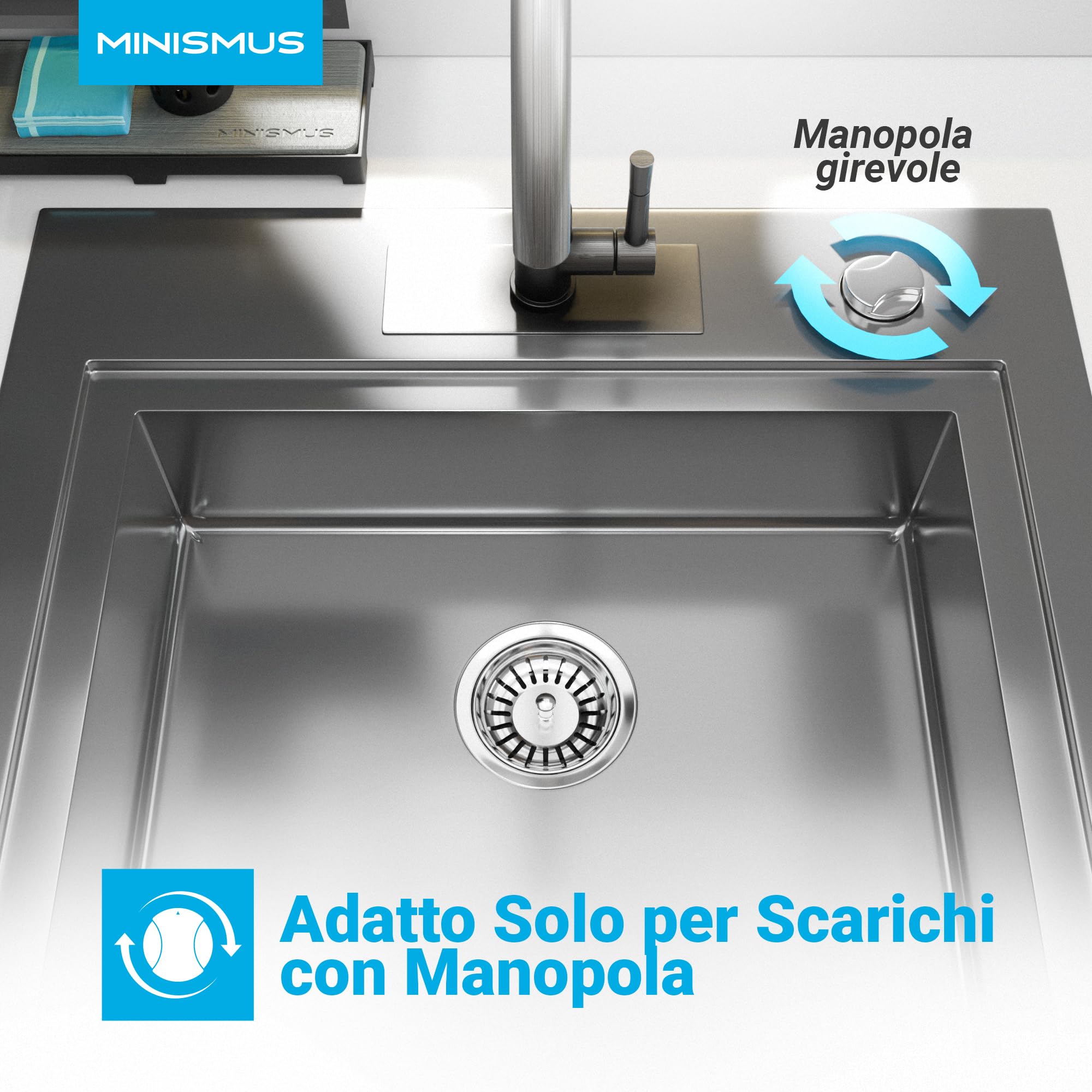 MINISMUS 82 mm Tappo lavandino cucina regolabile in altezza per scarico con comando a manopola - Tappi Lavandino Cucina - Tappi Lavello Cucina in Acciaio - Tappo per lavandino regolabile in altezza