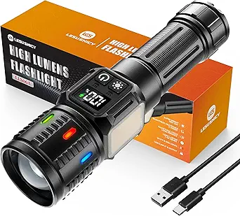 Rechargeable Flashlights High Lumens 10000, Super Bright LED Flash Light Long Lasting USB C LCD Display, Daul Light Source & Buttons with Red Light, for Camping Hiking Emergency Home Gift