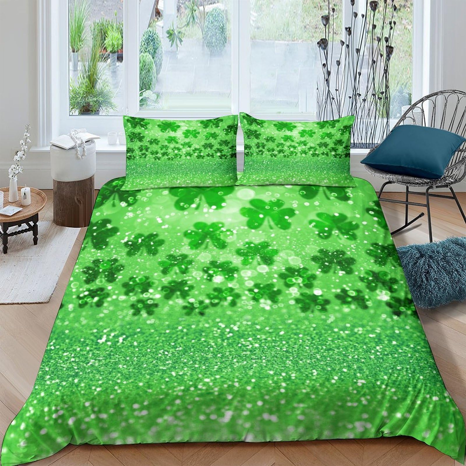 Ctjqhvkz Style-1 3D Printed Green Clover Fitted Sheet Microfiber Soft Decorative Lucky Shamrock Bed Cover For Bedroom Guest Room Mattress Protection Single（135X200cm）