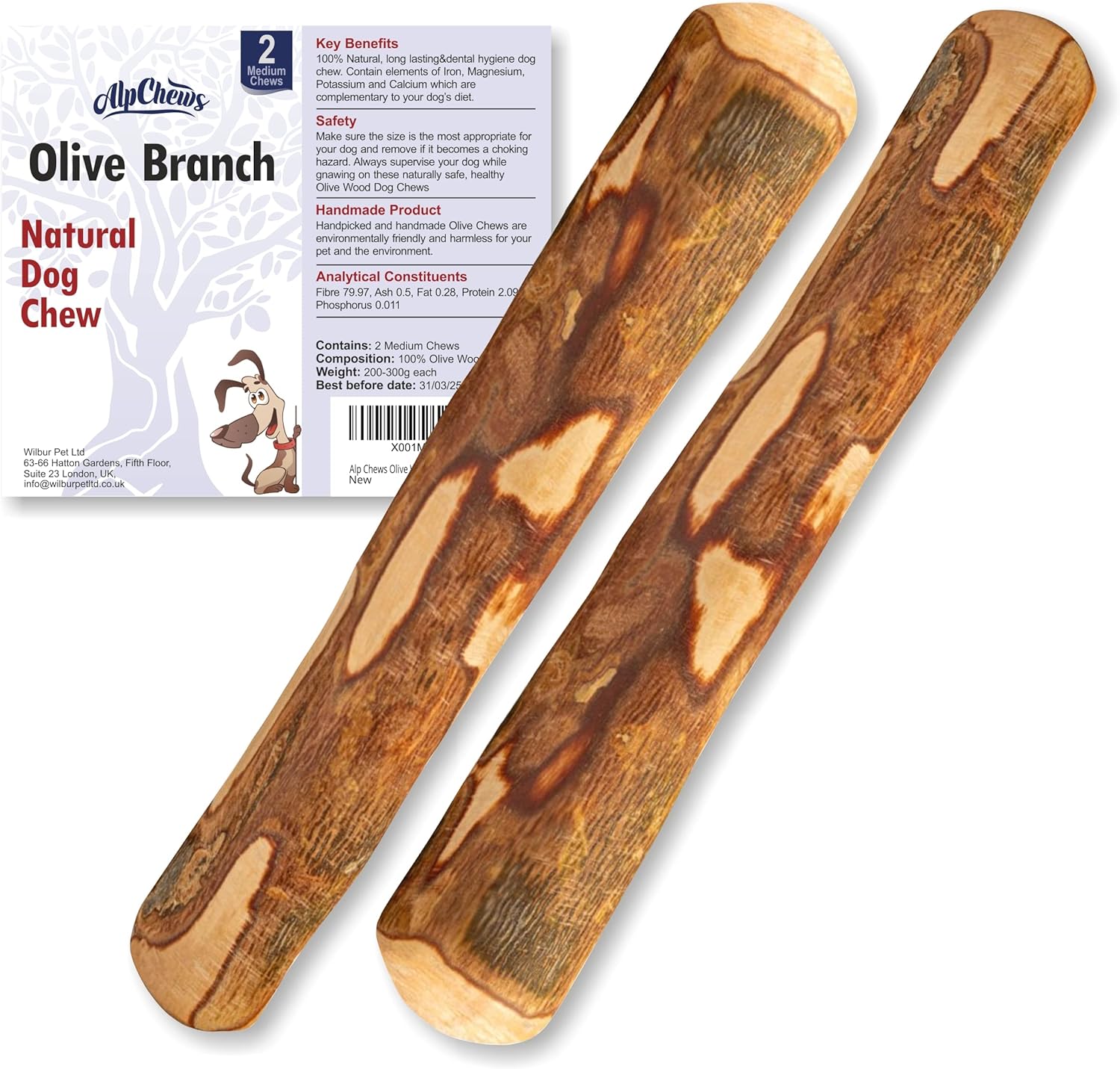 Alp Chews Olive Wood Dog Chews Medium Pack of 2 Olive Branch for Dogs
