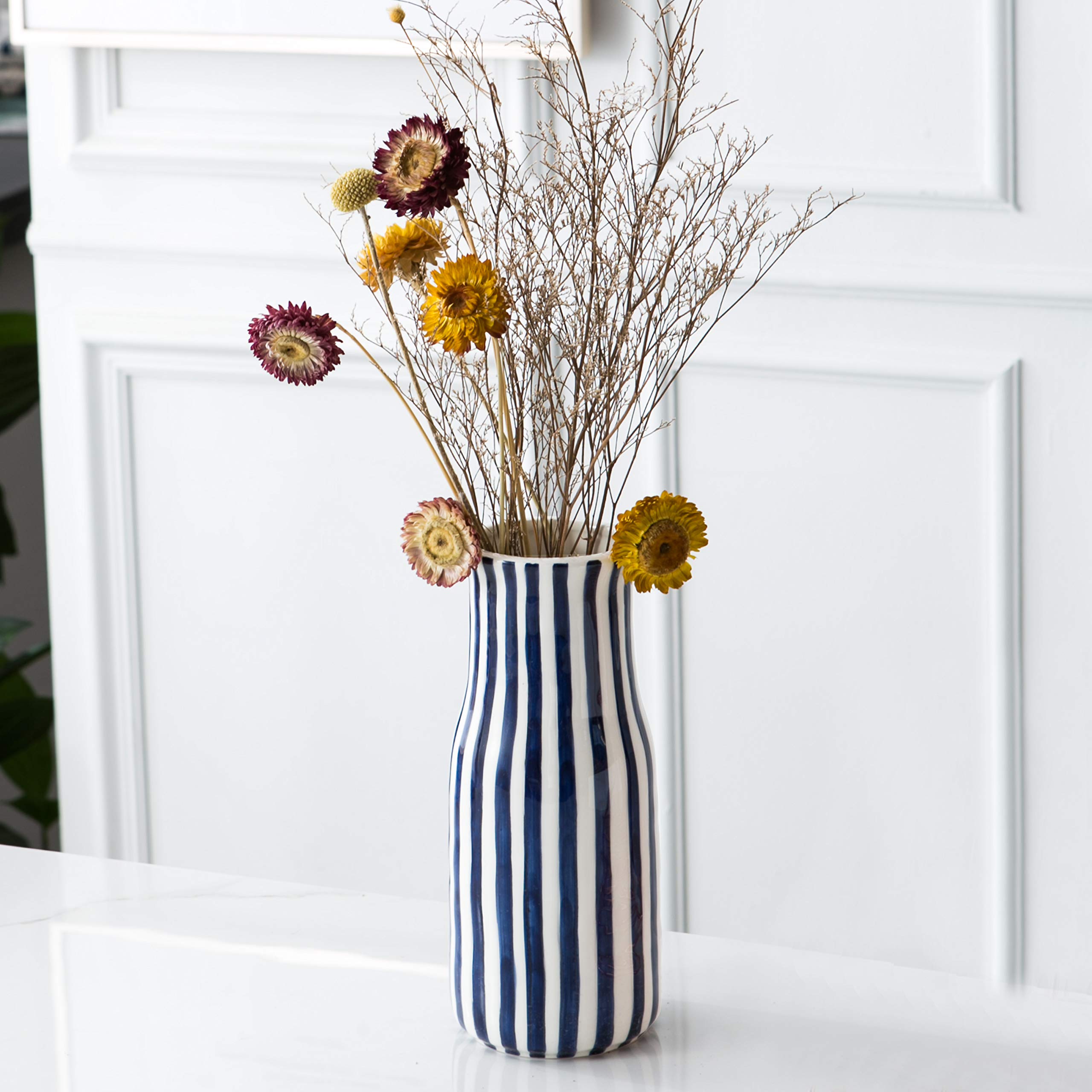 Tenforie Ceramic Flower Vase, Blue and White Decorative Vase for Home Decor, Pampas Grass Vase for Wedding Centerpieces/Arrangements, Bottom Waterproof