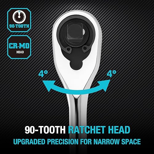 Miniatura 5 de DURATECH Mango de trinquete de 3 piezas, mango de trinquete extra largo, 14 pulgadas, 38 pulgadas, 12 pulgadas, llave de trinquete de 90 dientes con