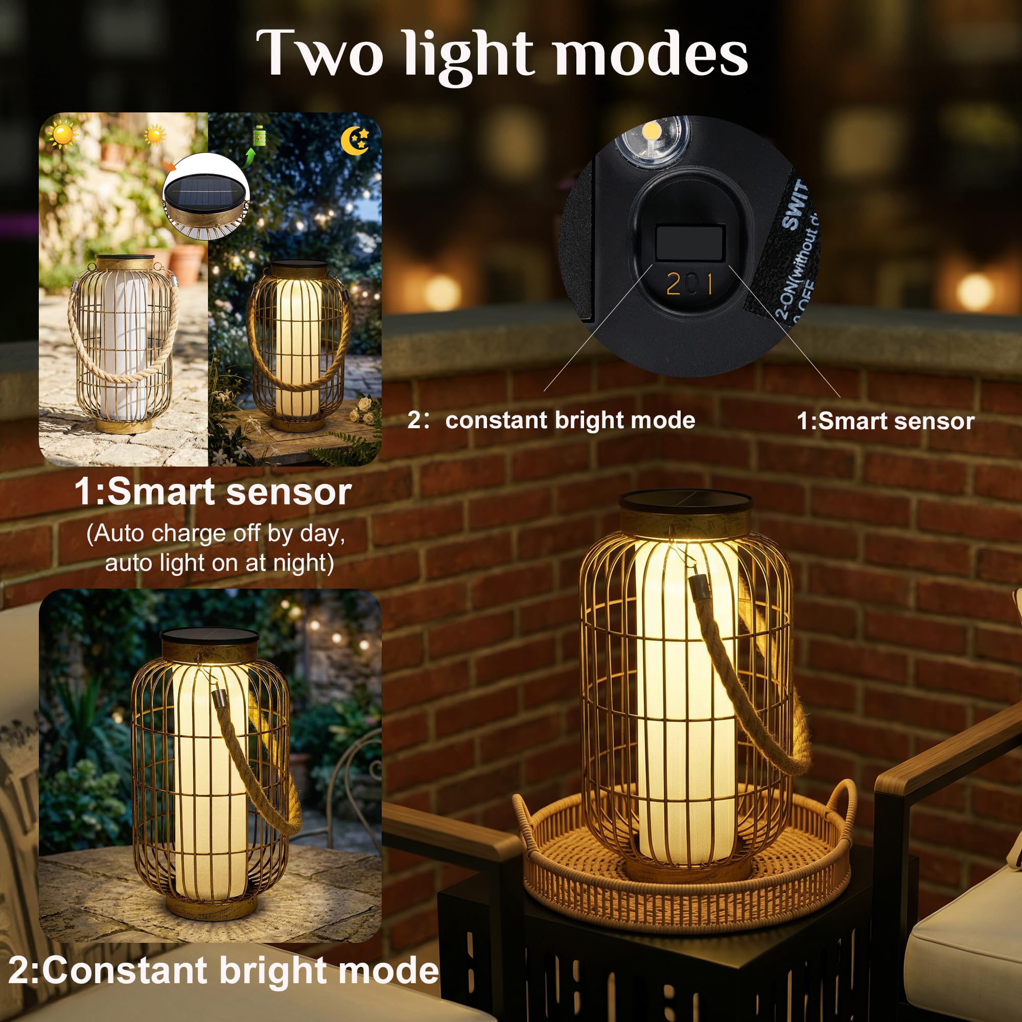 Faroles solares grandes impermeables para exteriores, linterna solar de metal de doble carga (USB/solar), dos modos de brillo, luces solares decorativas para patio, jardín, porche delantero, interior