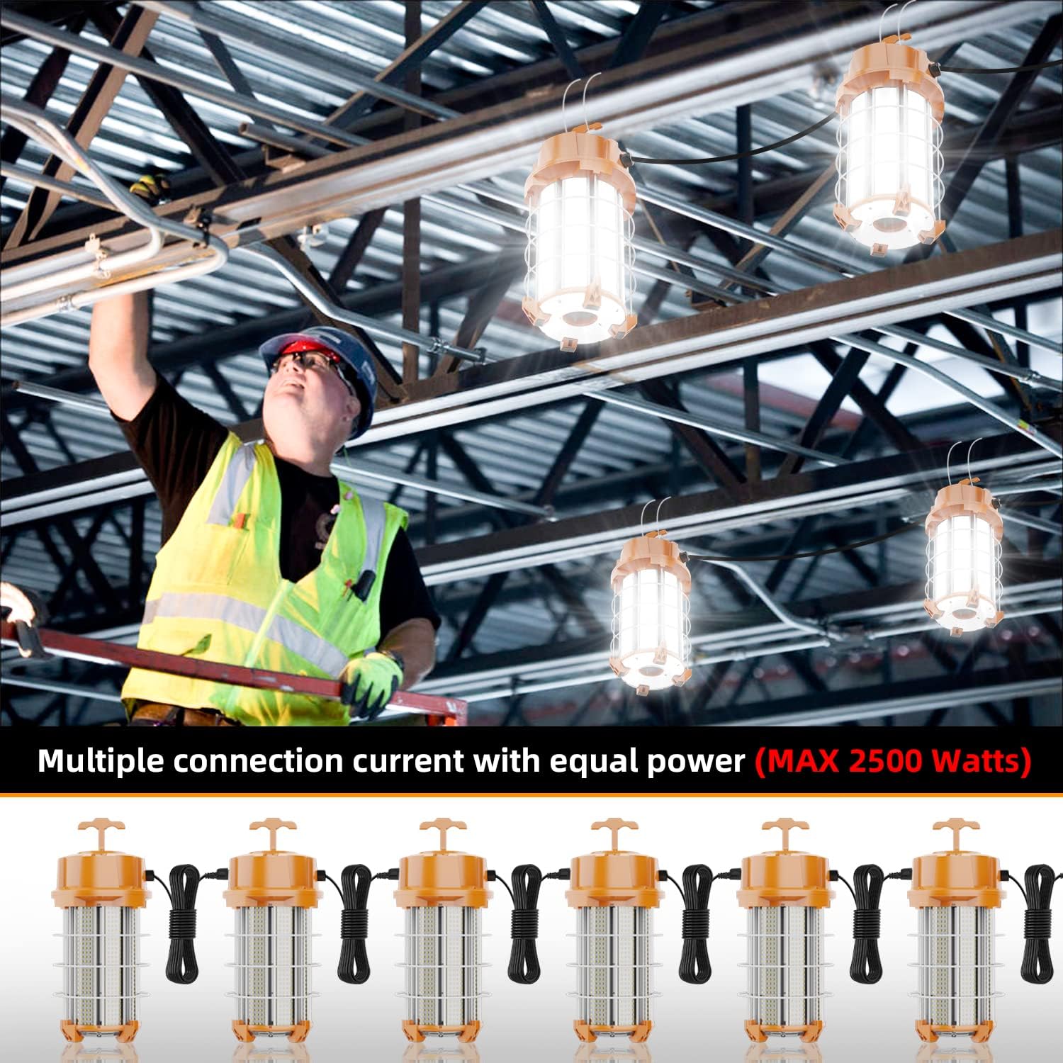 NS 250W Construction Lights Super Bright 37500 Lumens Led Temporary Work Light 5000K Portable Hook Temp Lights,Linkable Durable Job Site Lighting for High Bay Workshop Garage Shop Area Lighting - Image 6