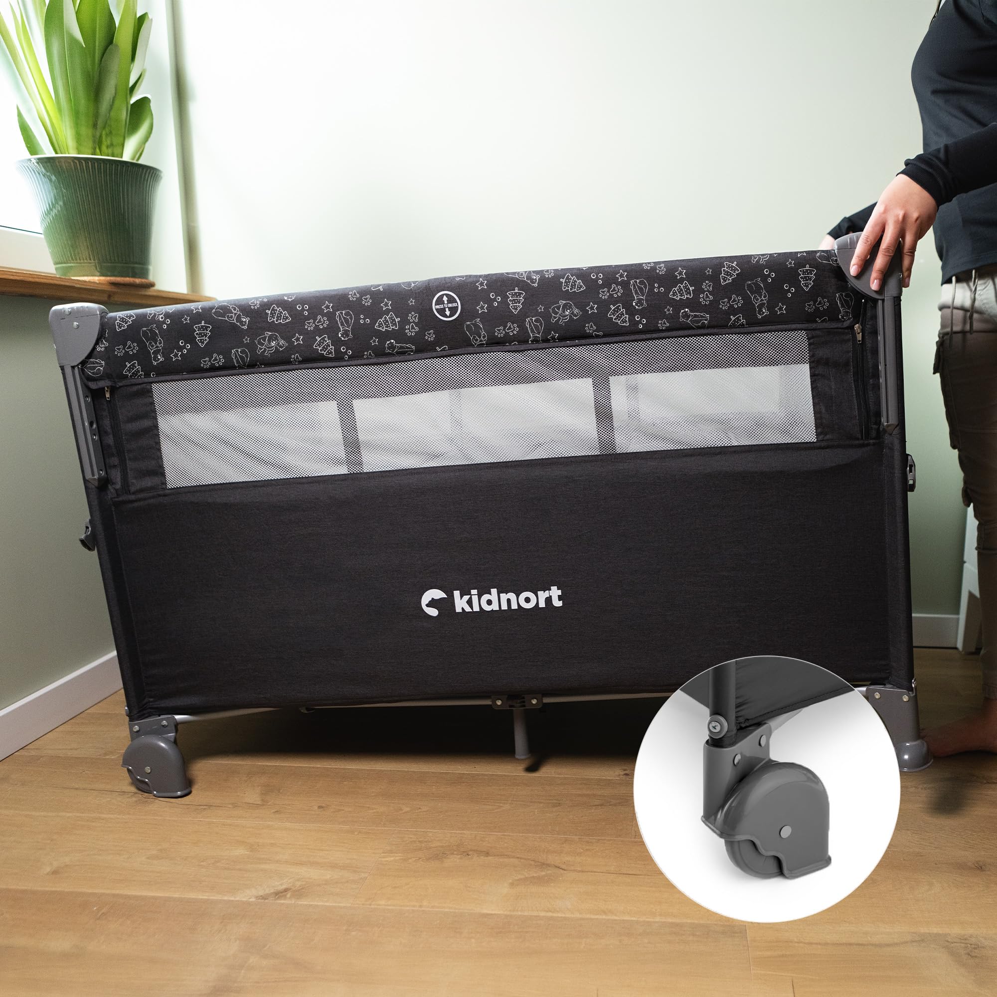 Stugan Baby Reisebett mit Beistellfunktion Babybett Wickelauflage Moskitonetz Matratze Seiteneinstieg Rollen Faltbar Tragetasche Für Zuhause Und Reise Schlafen Wickeln Dunkelgrau