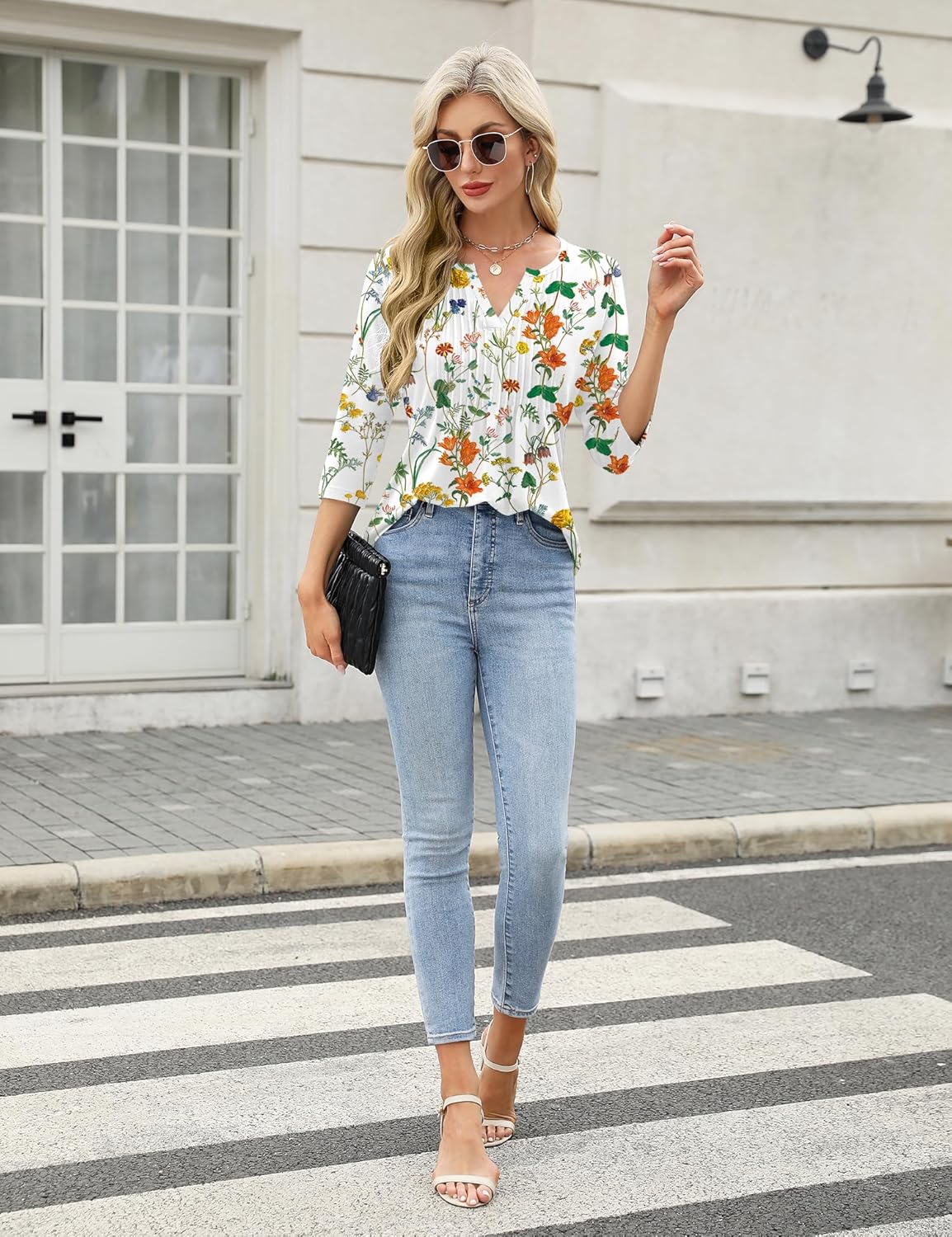 FreshNight 3/4 Length Sleeve Womens Tops Pleated V Neck T Shirts for Women Blouses Dressy Casual - Image 4