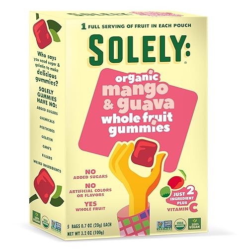 SOLELY Gomitas orgánicas de fruta entera de mango y guayaba, 3.5 oz (5 bolsas de 0.7 oz cada una) Tres ingredientes Sin azúcares añadidos, colores