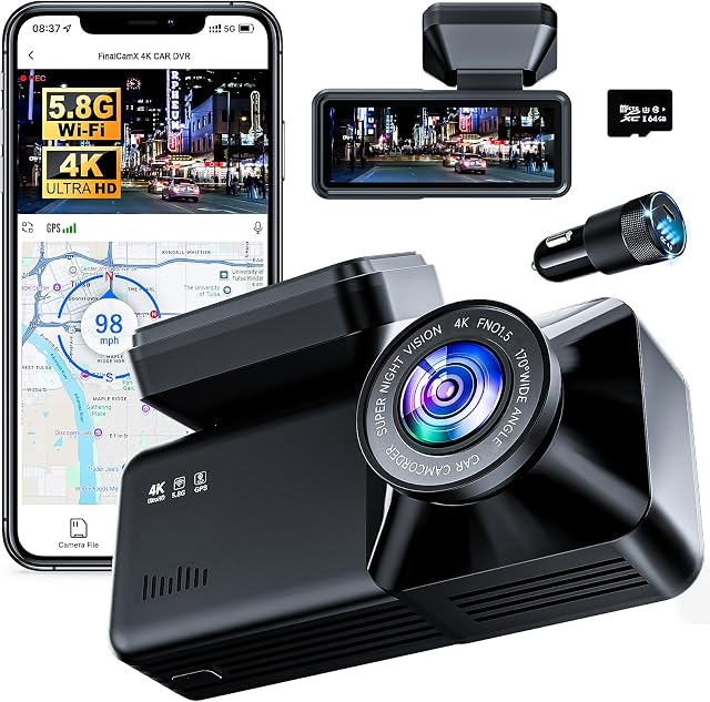 Front Facing 4K Dash Cam – Built-in 5.8G WiFi, 64GB Card Included, 48W A+C Car Charger, Excellent Night Vision, Loop Recording, G-Sensor, 24H Parking Surveillance – Compact and Portable