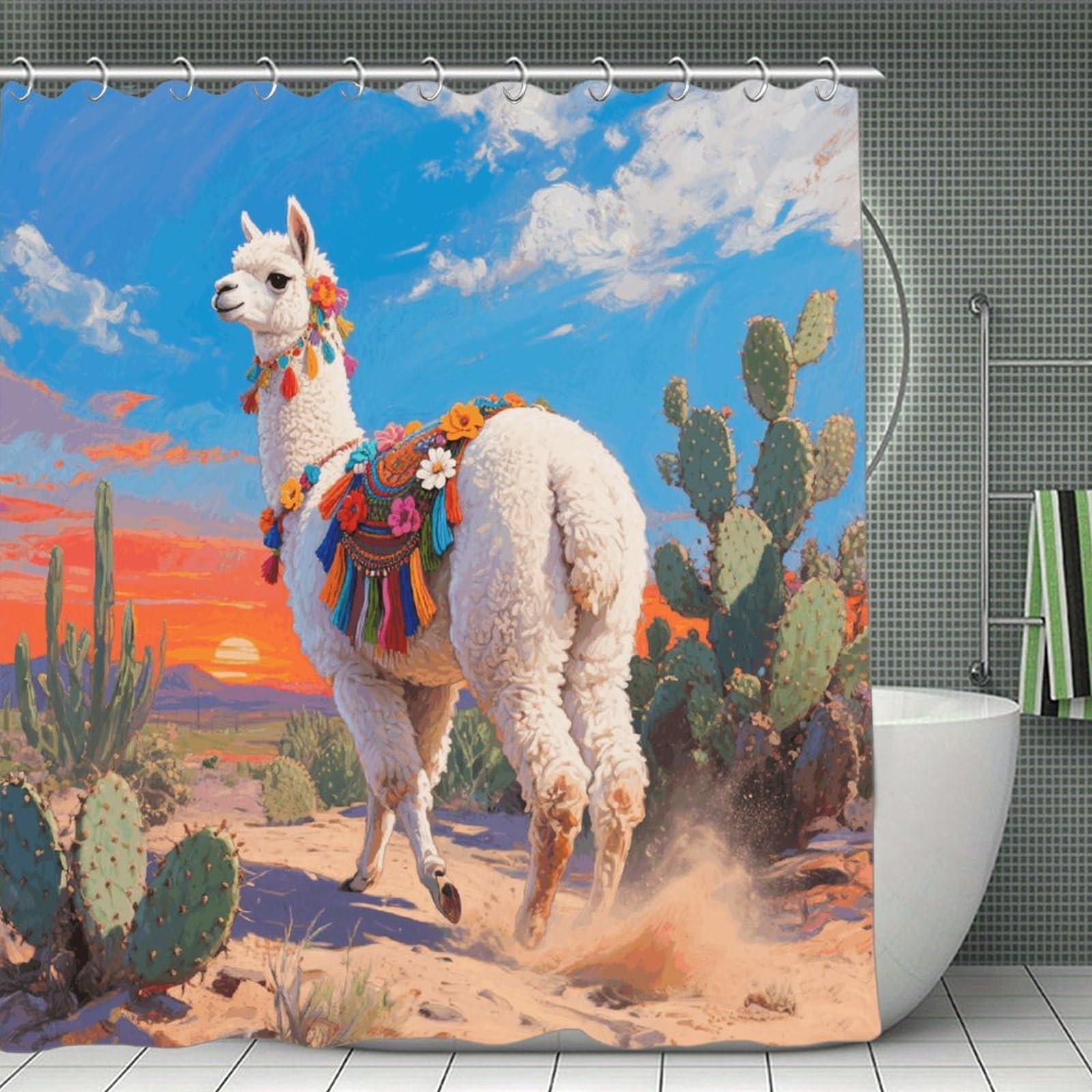 VstaDank White Alpaca Shower Curtain Waterproof Bathroom Shower Curtain with C Type Hooks Soft Lightweight Shower Curtains Liner Washable Polyester Cloth Shower Liner 71x71 Inch