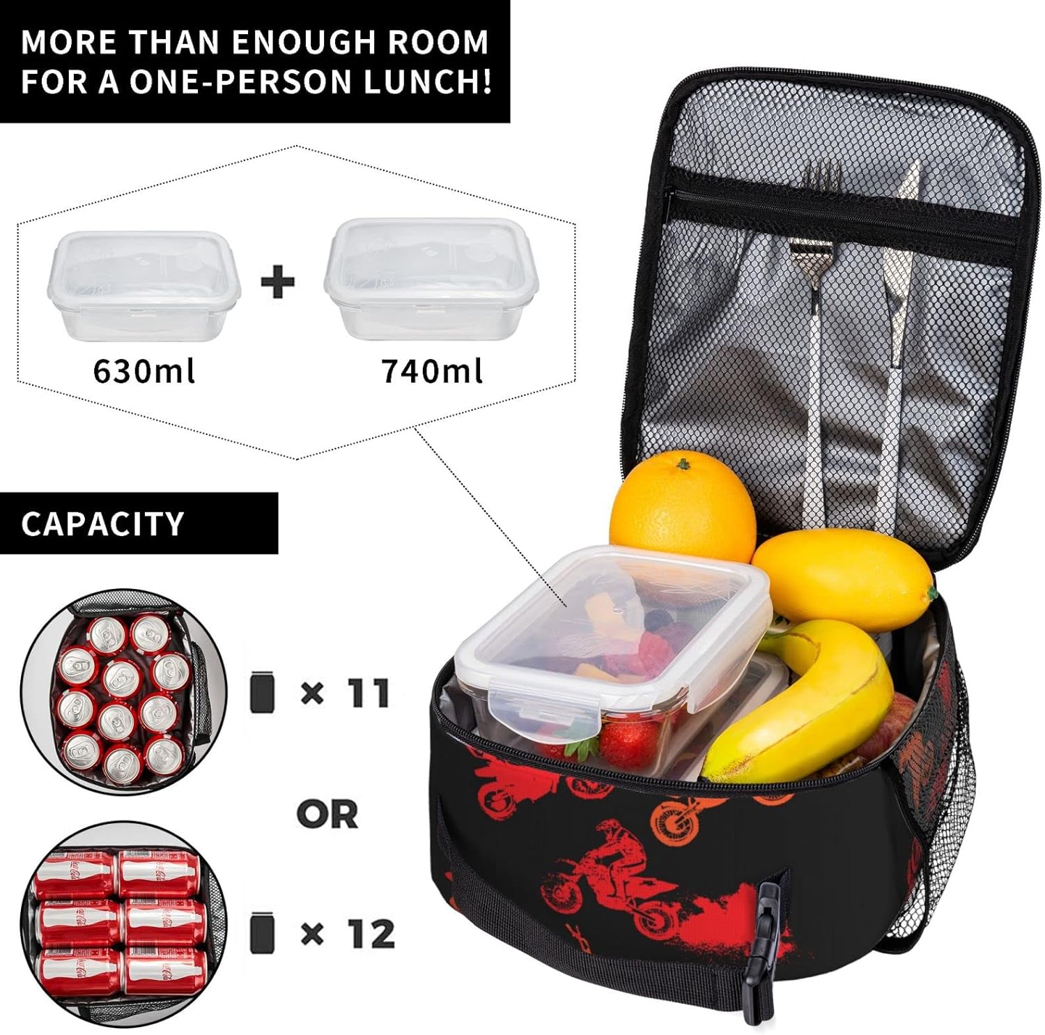 SARA NELL Motorcycle Insulated Lunch Bag Cool Red Motorcross Lunch Cooler Box for Women Men Teens Kids, Reusable Lunch Tote Bag, Insulated Lunch Bags for Work, Picnic, School or Travel