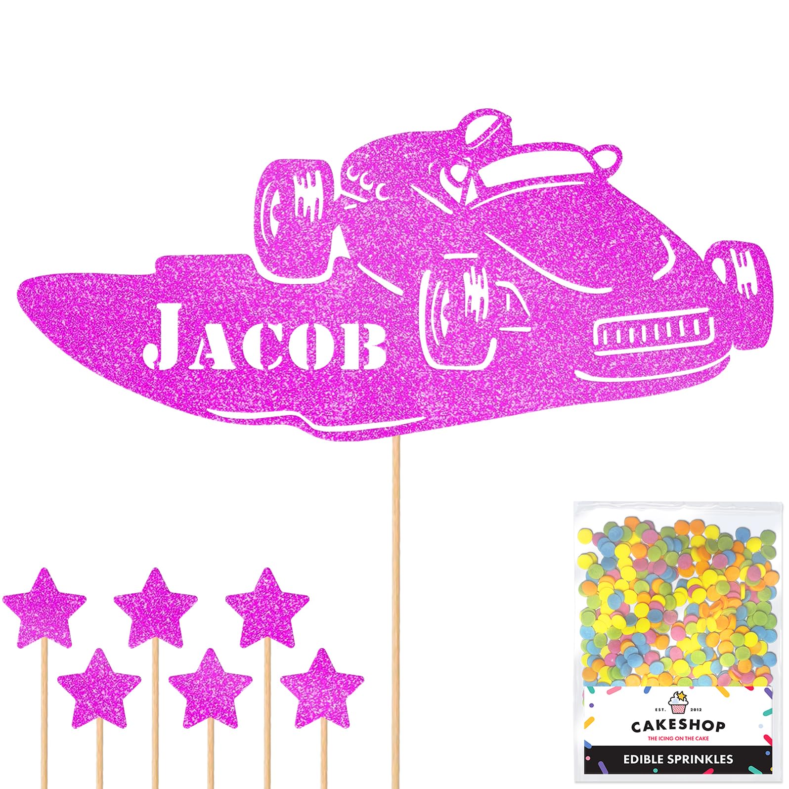 Personalised Classic Vintage Car Glitter Topper - Pink Custom Name Glitter Cake Decoration and Sprinkles - Happy Birthday Decorations - Personalised Toppers for Cakes by Cakeshop