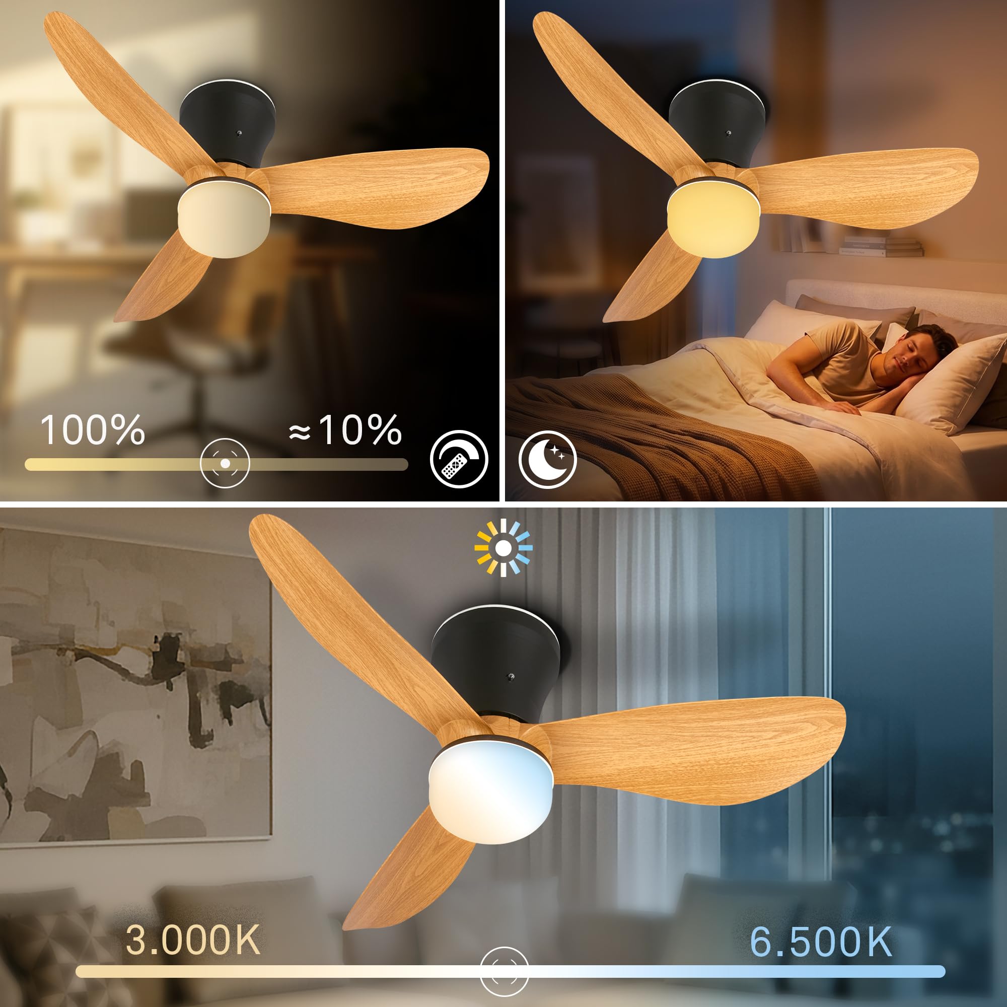 BRILONER - LED Deckenventilator mit Beleuchtung, Fernbedienung, Leiser DC-Motor, 3 Geschwindigkeiten, CCT, Dimmbar, Lampe mit Ventilator, Ventilator Deckenleuchte, Deckenlampe, 78x26 cm, Schwarz-Holz
