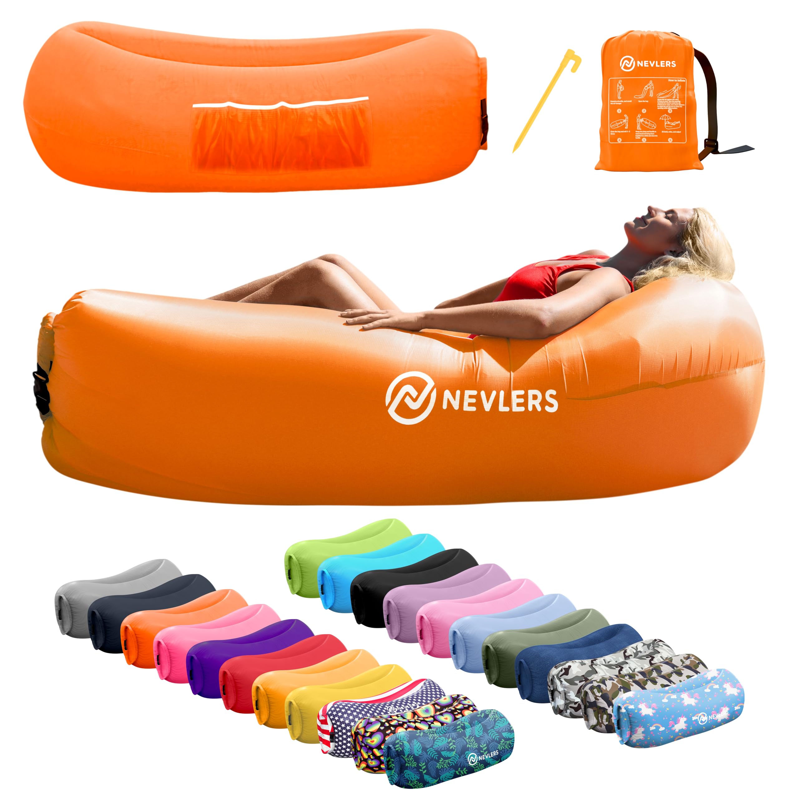 Nevlers Inflatable Lounger | 210T Polyester Inflatable Chair | No-Pump Blow Up Couch | Camping Couch Air Sofa Bed w/ 450 lbs. Cap., Pockets & Matching