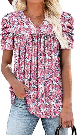KISSMODA Tops for Womens Summer Cute Short Sleeve Shirts Trendy Notched Neck Blouses Casual Loose Pleated Tunics S-3Xl