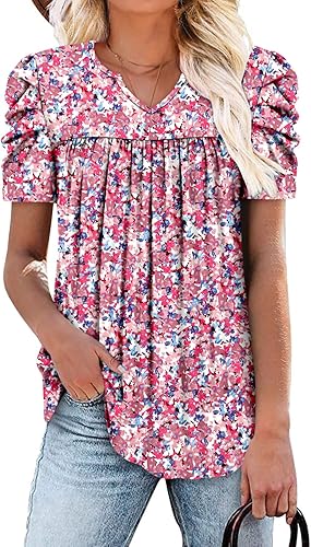 KISSMODA Tops for Womens Summer Cute Short Sleeve Shirts Trendy Notched Neck Blouses Casual Loose Pleated Tunics S-3Xl