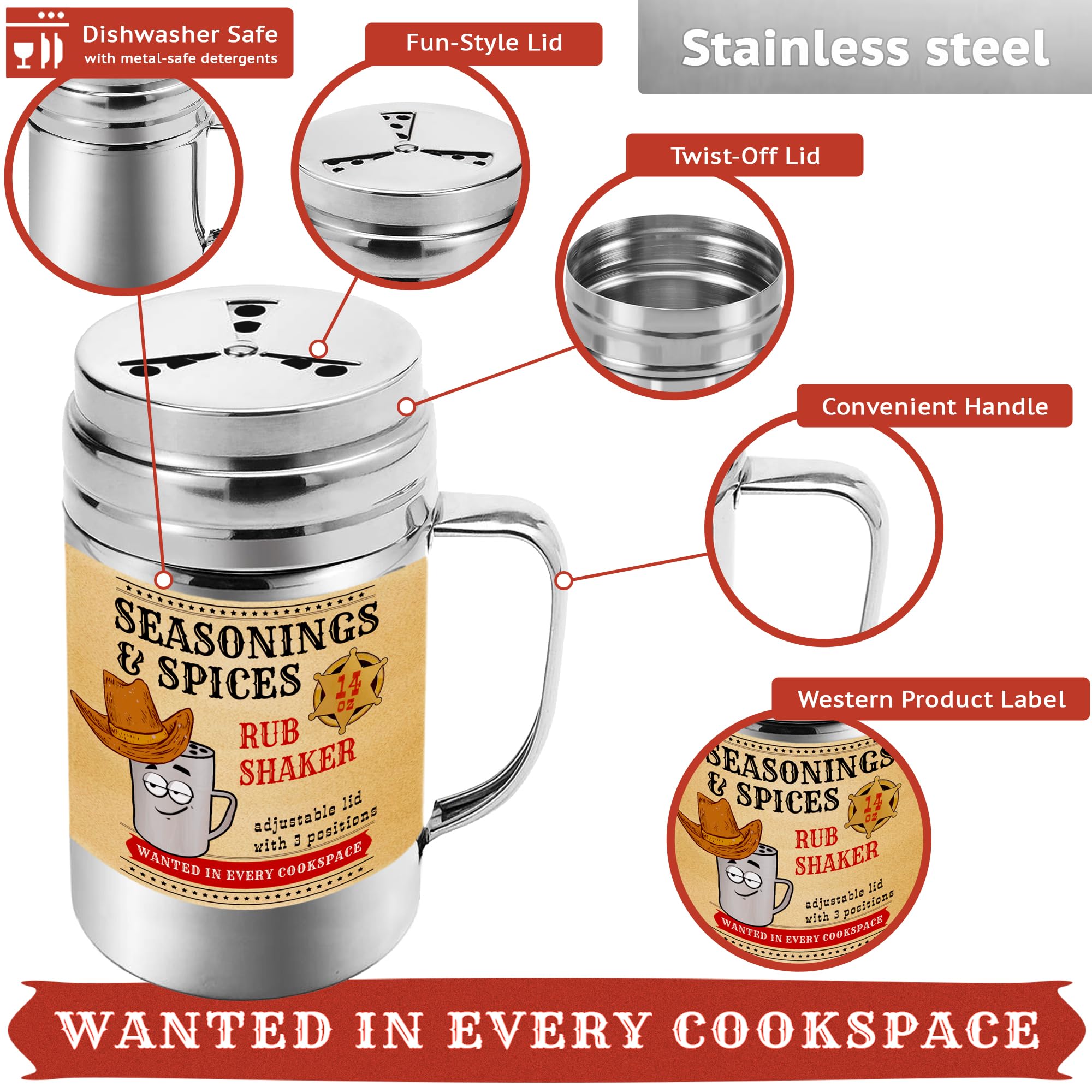 Coctelera de especias para condimentos de 14 onzas, coctelera para barbacoa (con tapa ajustable estilo abanico), paquete de 6