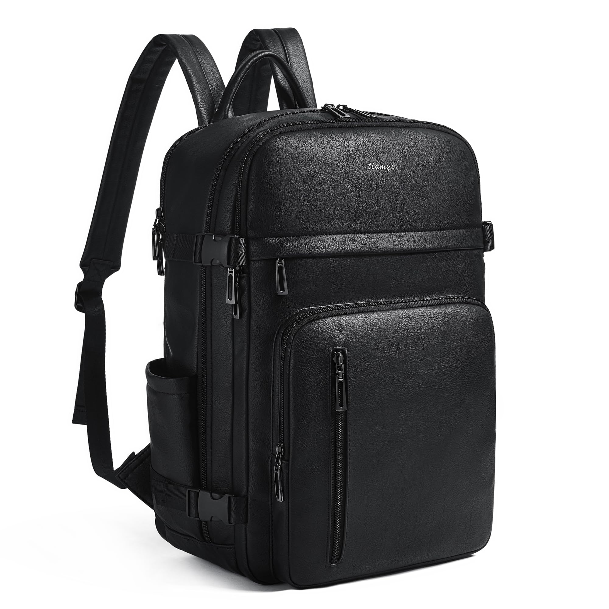 tiamyi Travel Backpack for Women, Fits 17.0" Notebook, Stylish Lay-Flat Carry-on Vegan Leather Backpack with Luggage Strap for Travel and Daily Use