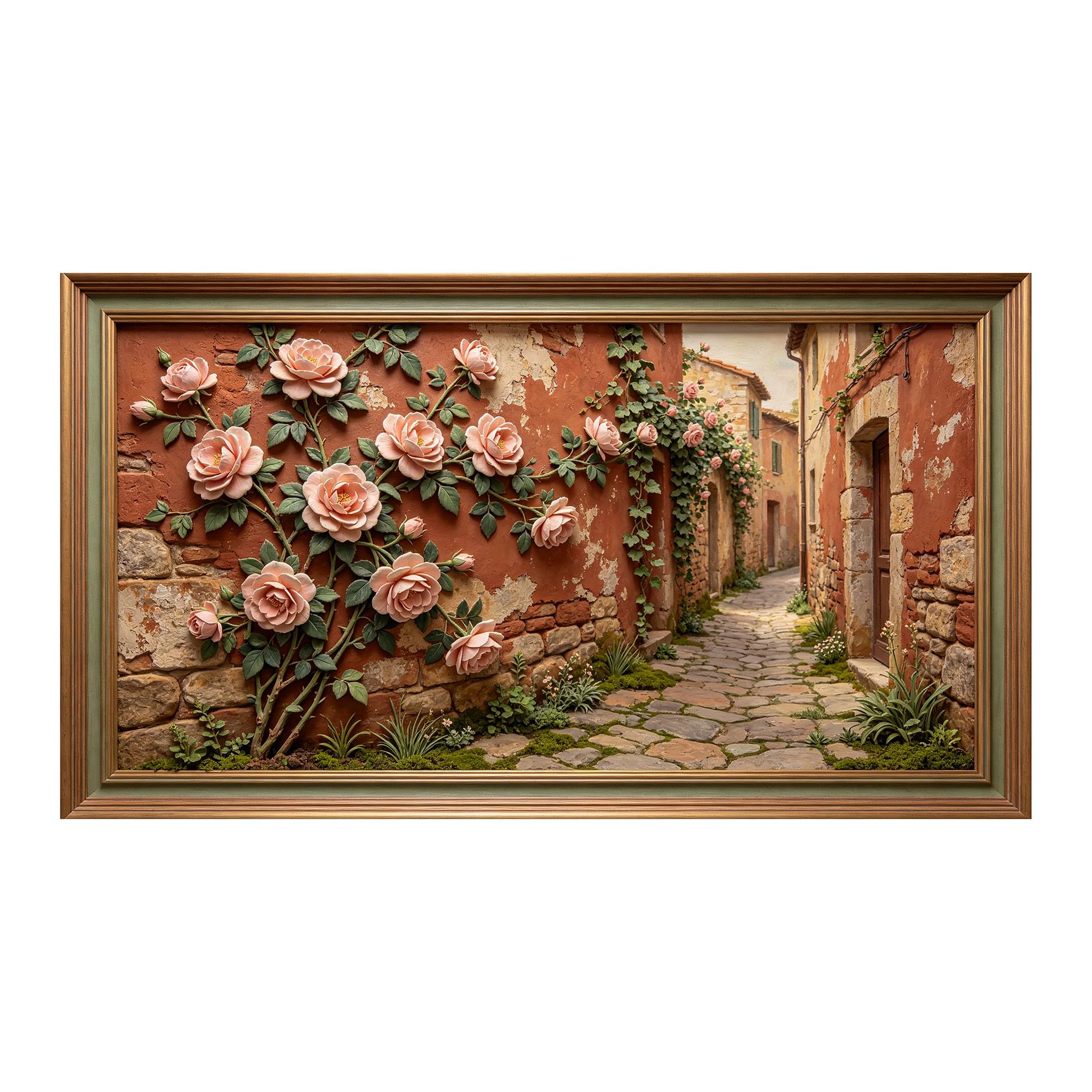 Murasolite 3D Framed Wall Art Mediterranean Alley Floral Relief Effect SelfAdhesive Fabric Mural Wall Decor， Peel and Stick No Damage to Wall， AntiFall Safe Design for Bedroom Living Room