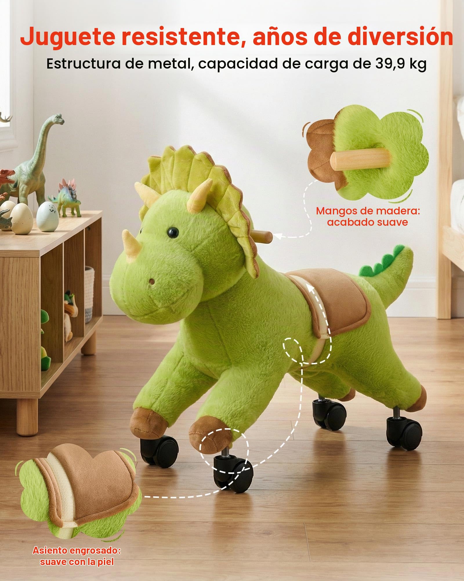 VEVOR Dinosaurio de Juguete Correpasillos para Niños, Juguete de Montar sin Pedales con Sonido, Ruedas Giratorias, Asiento Acolchado y Estructura de Metal, Uso Interior y Exterior, Carga hasta 40 kg