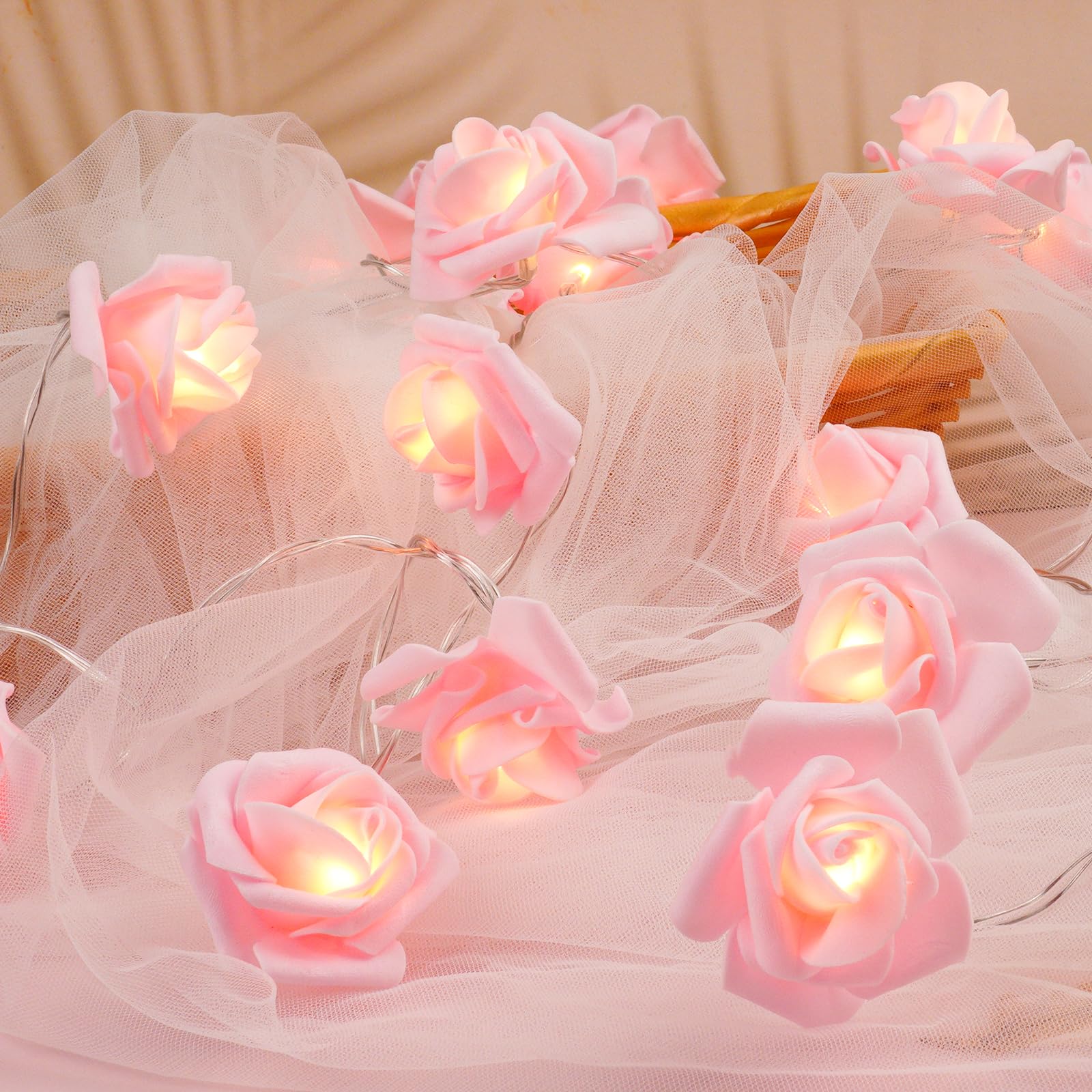 OSDUE Guirnalda de luces LED de Rosas 3m 20 LED Mini Luces de Hadas Impermeable Guirnalda de Flores con Batería 2 Modo de Iluminación Luces Navidad Light de Hadas para Fiesta Habitación Jardín(Blanco)