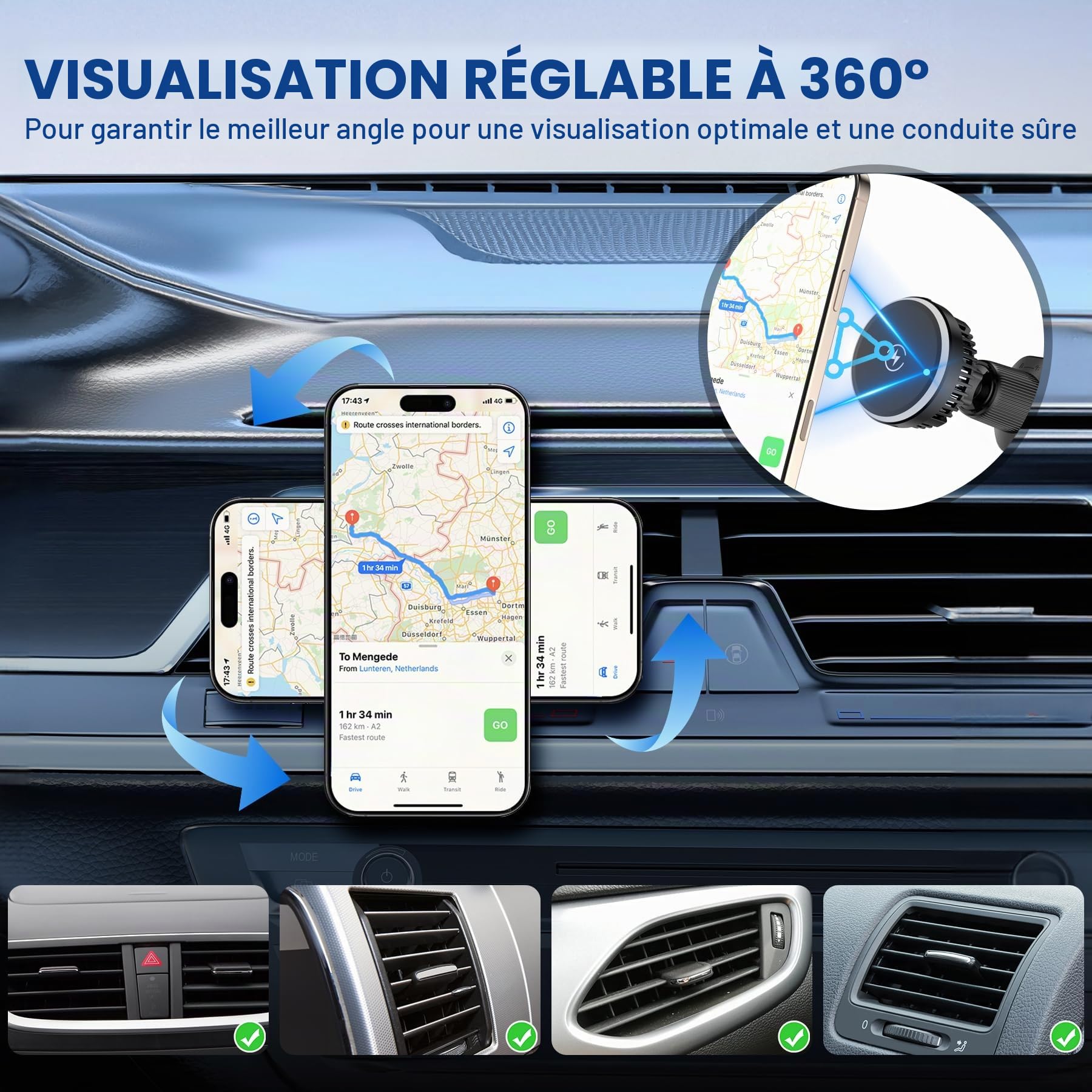 SERUW Support magnétique de chargeur de voiture sans fil 15 W, technologie de réfrigération semi-conductrice, support de téléphone pour grille d'aération et tableau de bord, compatible avec iPhone et