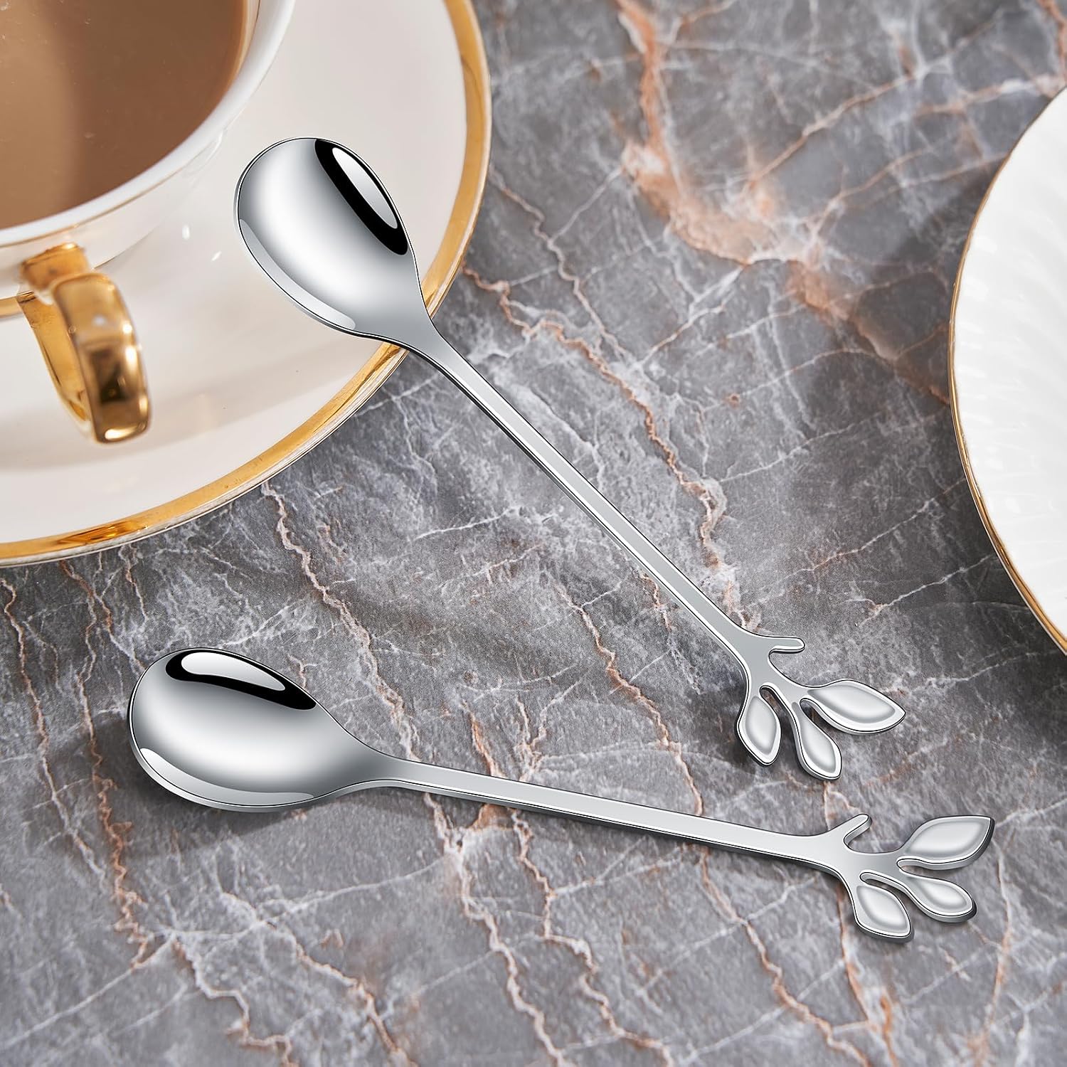 AnSaw Elegant Silver Leaf Coffee Spoons - 10-Piece, 4.7" Mini Stainless Steel Espresso & Dessert Tea Spoons, Perfect for Demitasse & Small Servings