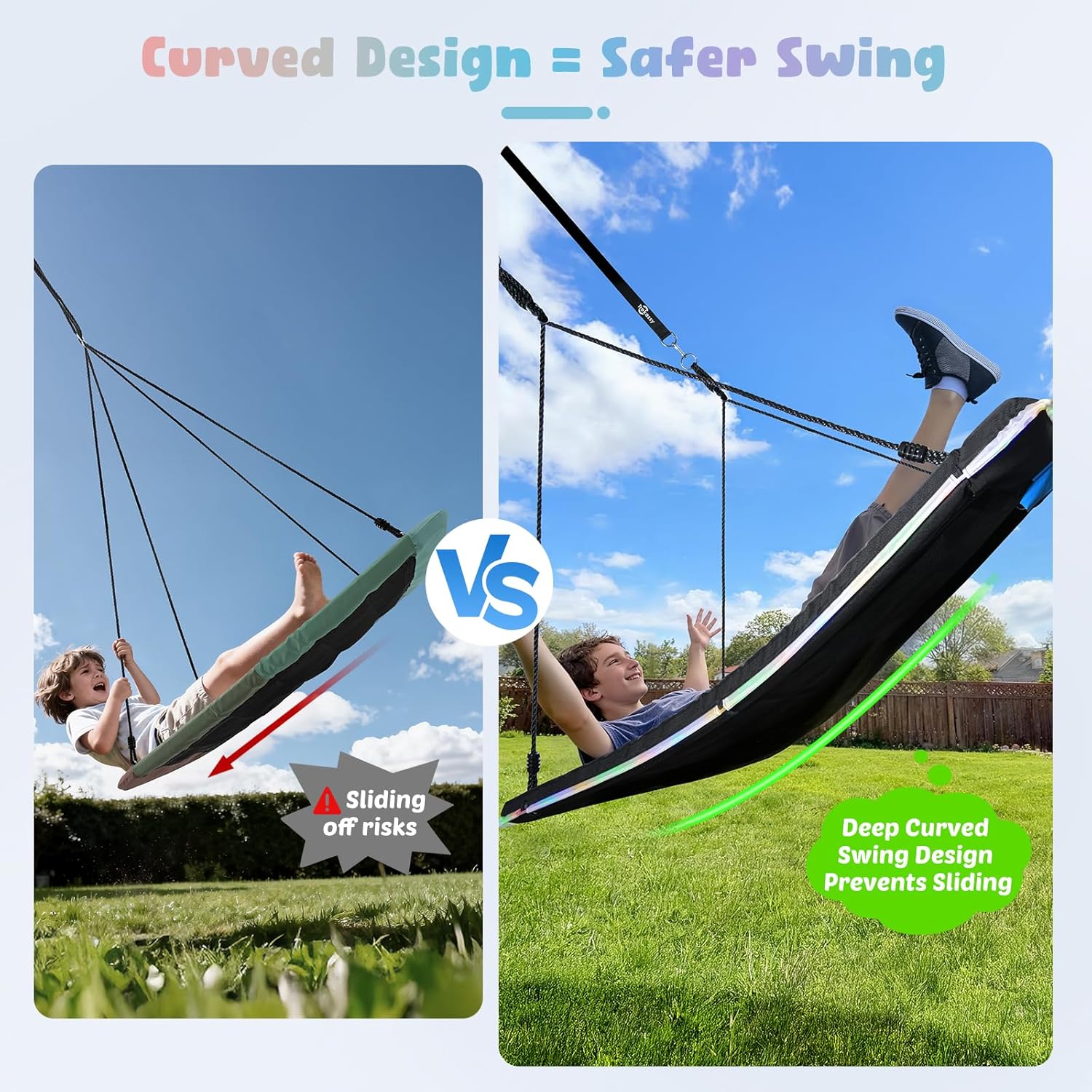Trekassy 60 inch Platform Tree Swing with LED Light, Large Outdoor Skycurve Swing for Kids and Adults, Waterproof 900D Oxford Fabric, 9.8 FT Hanging Straps