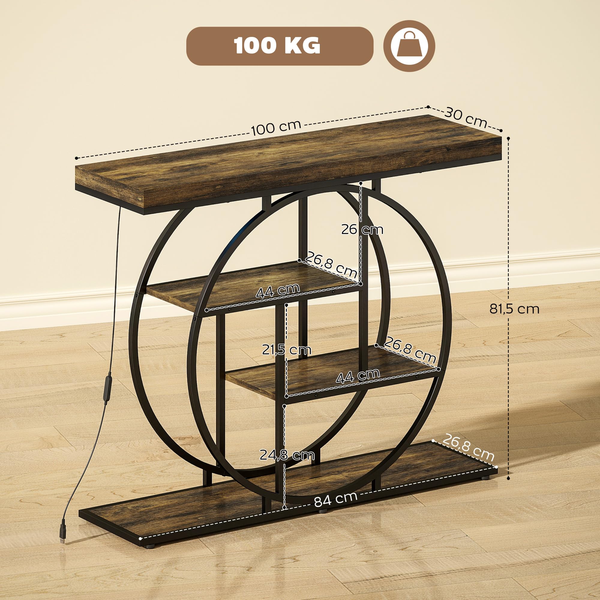 HOMCOM Console meuble avec éclairage LED musique sync 100 cm, table console 4 niveaux, étagères ouvertes, cadre rond en acier, table d'entrée, salon, couloir, style industriel, marron rustique et noir